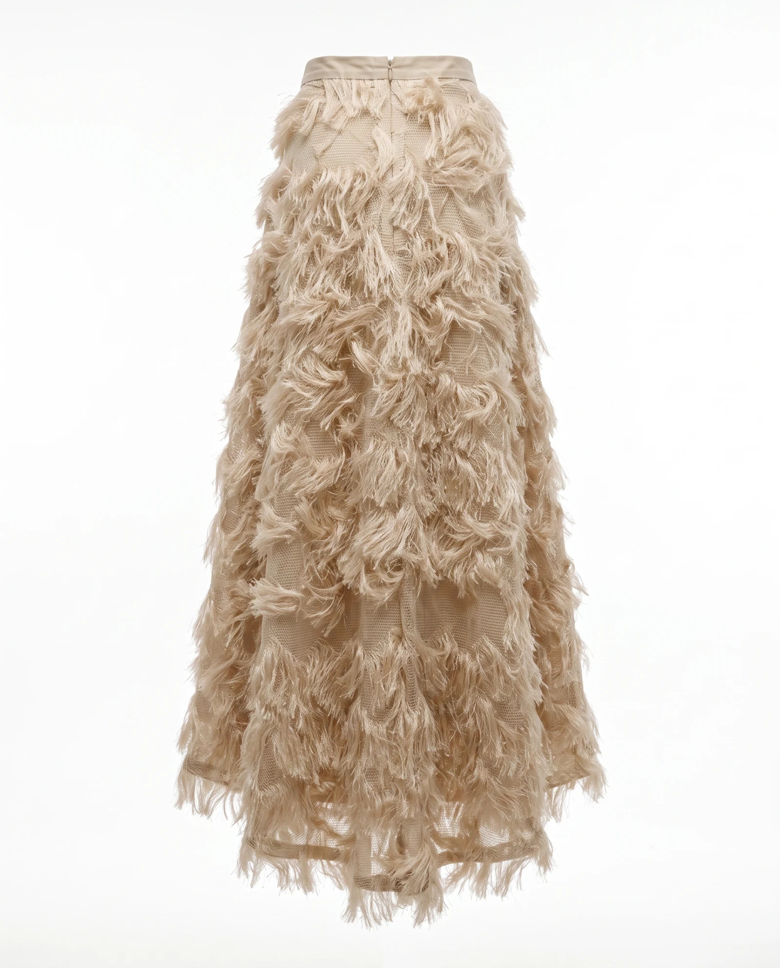 Champagne Ostrich-Feather Fringe Maxi Skirt — Champagne Sand Beige Nude — the skirts — VAUDRE numbered luxury — view 3