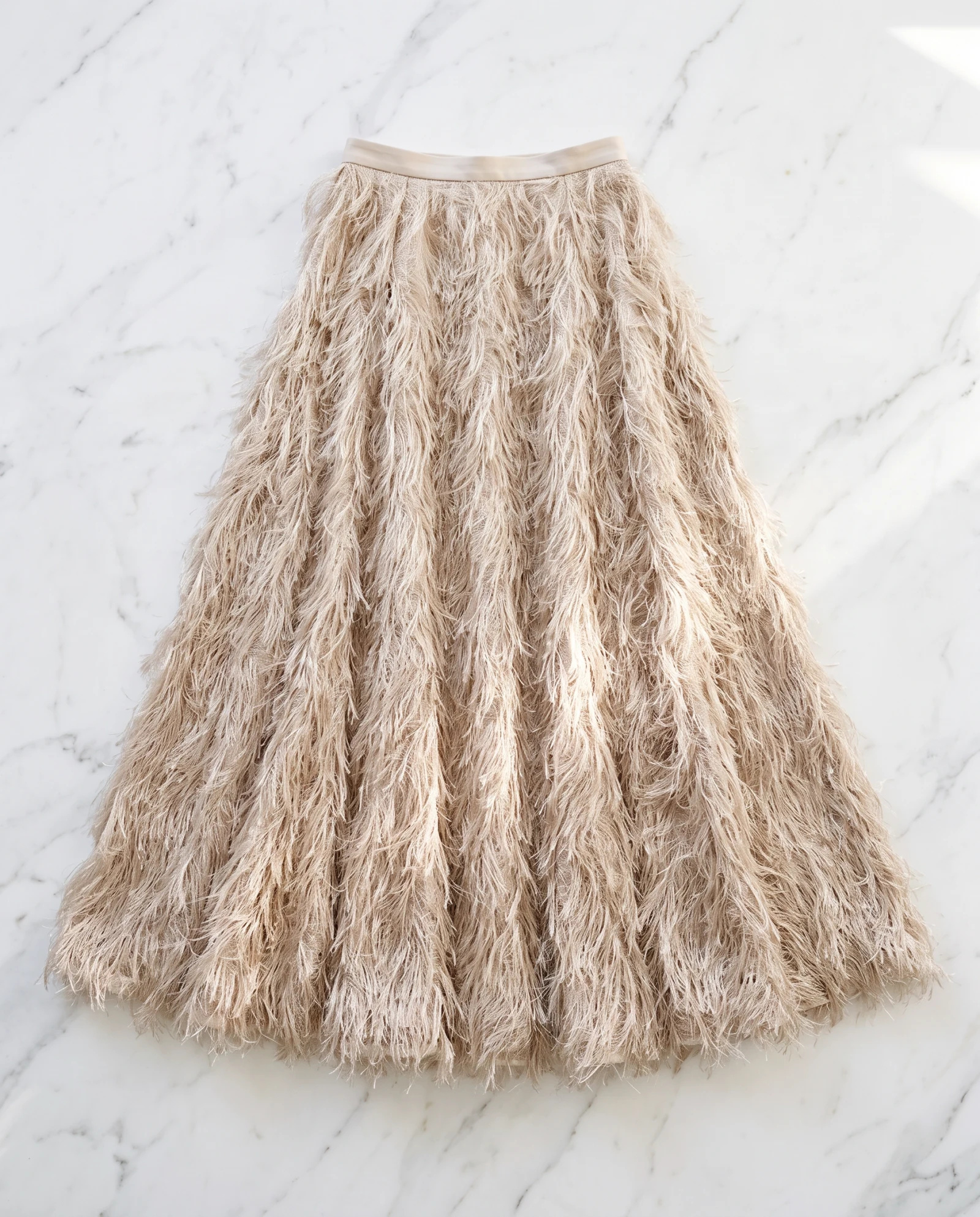 Champagne Ostrich-Feather Fringe Maxi Skirt — Champagne Sand Beige Nude — the skirts — VAUDRE numbered luxury — view 5