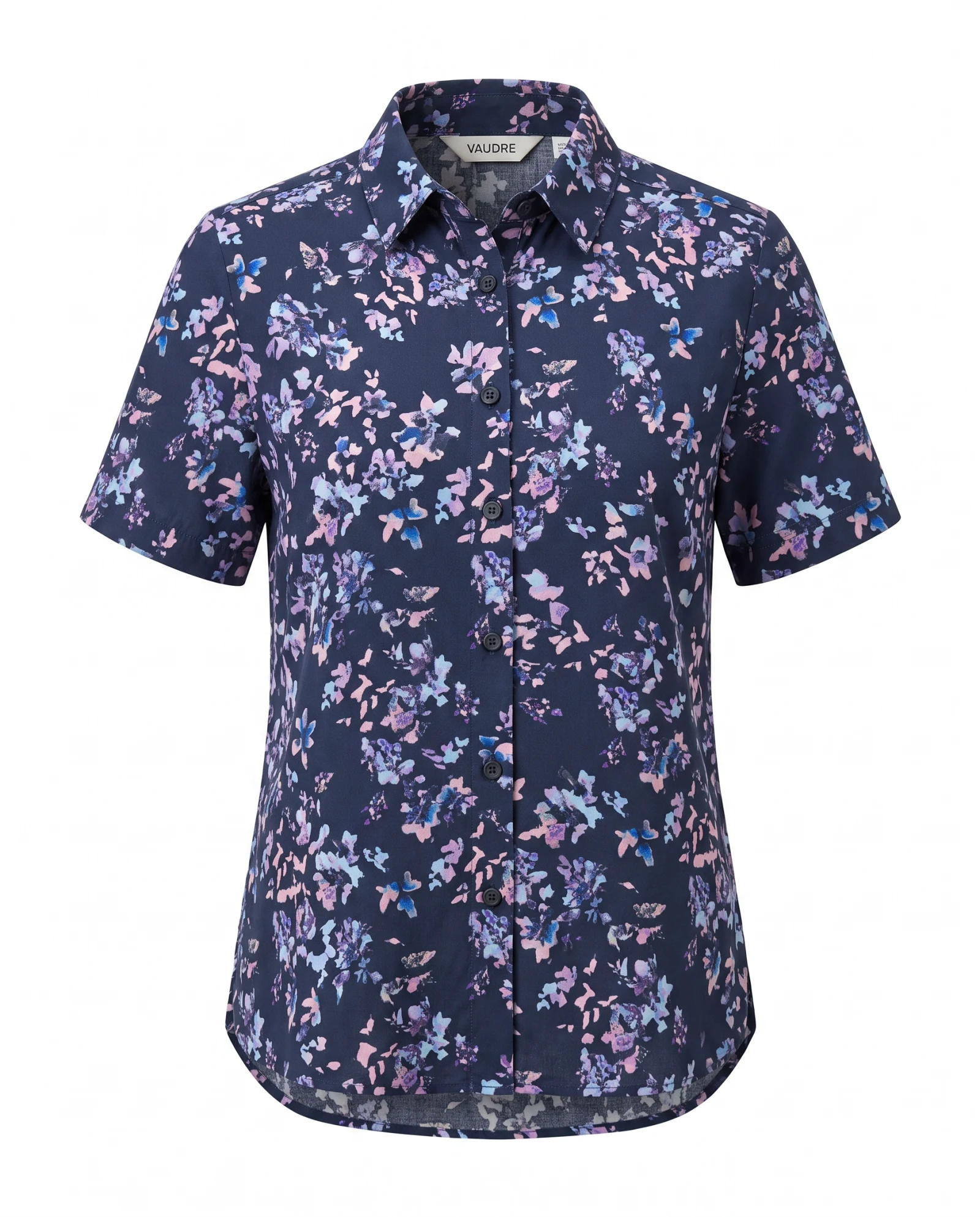 Midnight Bloom Floral Short-Sleeve Shirt — Midnight Navy Blush Pink Lilac Sky — the blouses — VAUDRE numbered luxury