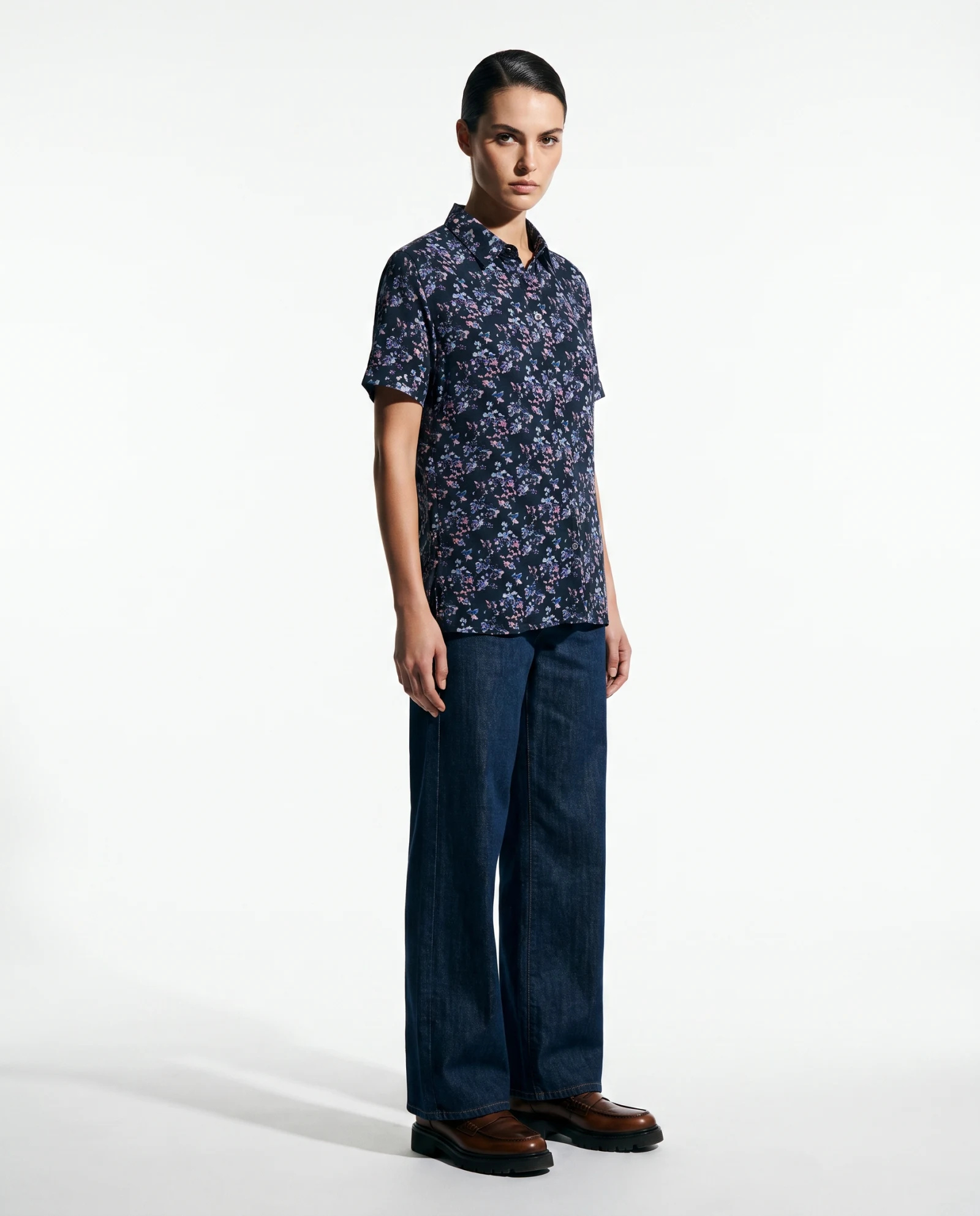 Midnight Bloom Floral Short-Sleeve Shirt — Midnight Navy Blush Pink Lilac Sky — the blouses — VAUDRE numbered luxury — view 2