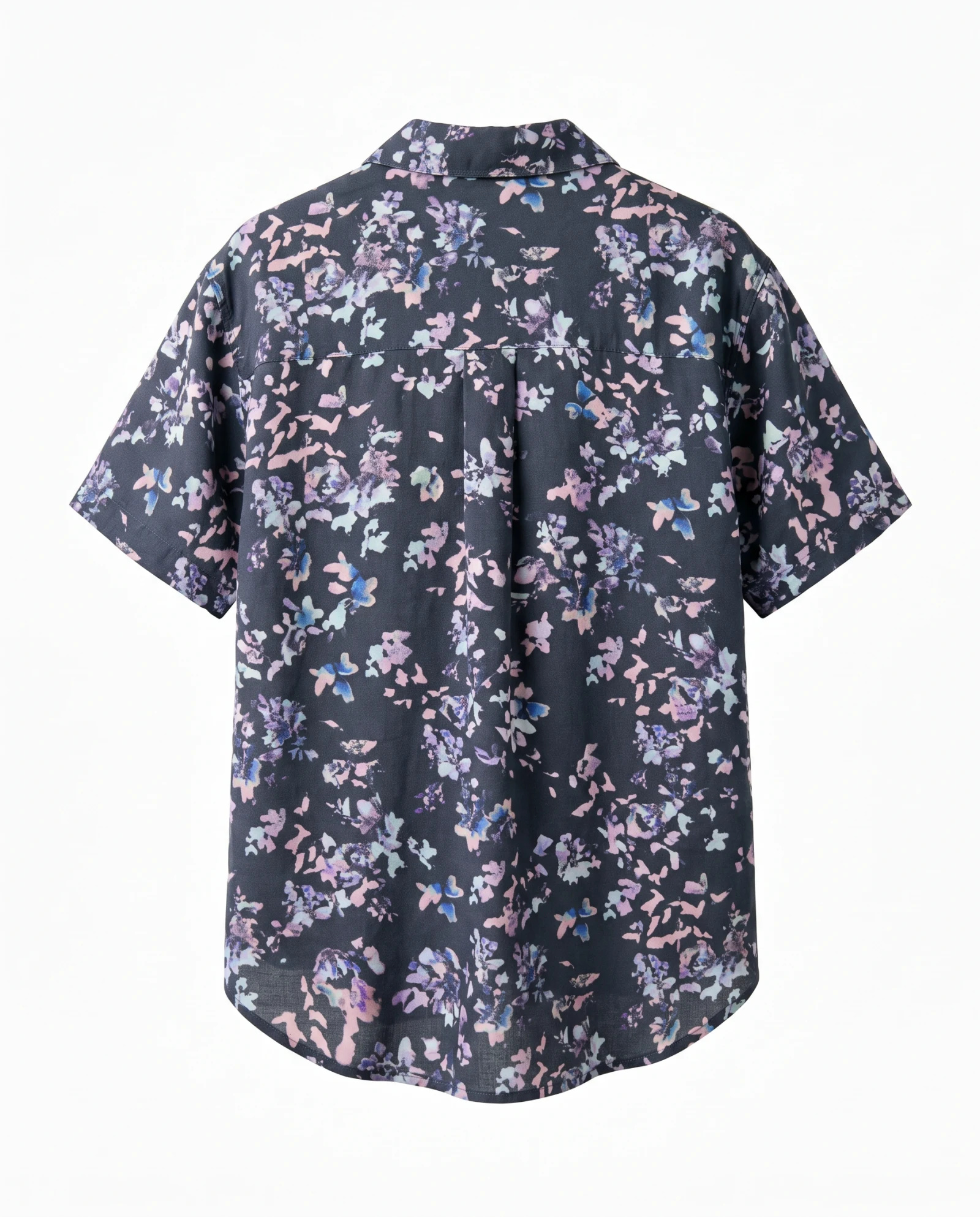 Midnight Bloom Floral Short-Sleeve Shirt — Midnight Navy Blush Pink Lilac Sky — the blouses — VAUDRE numbered luxury — view 3