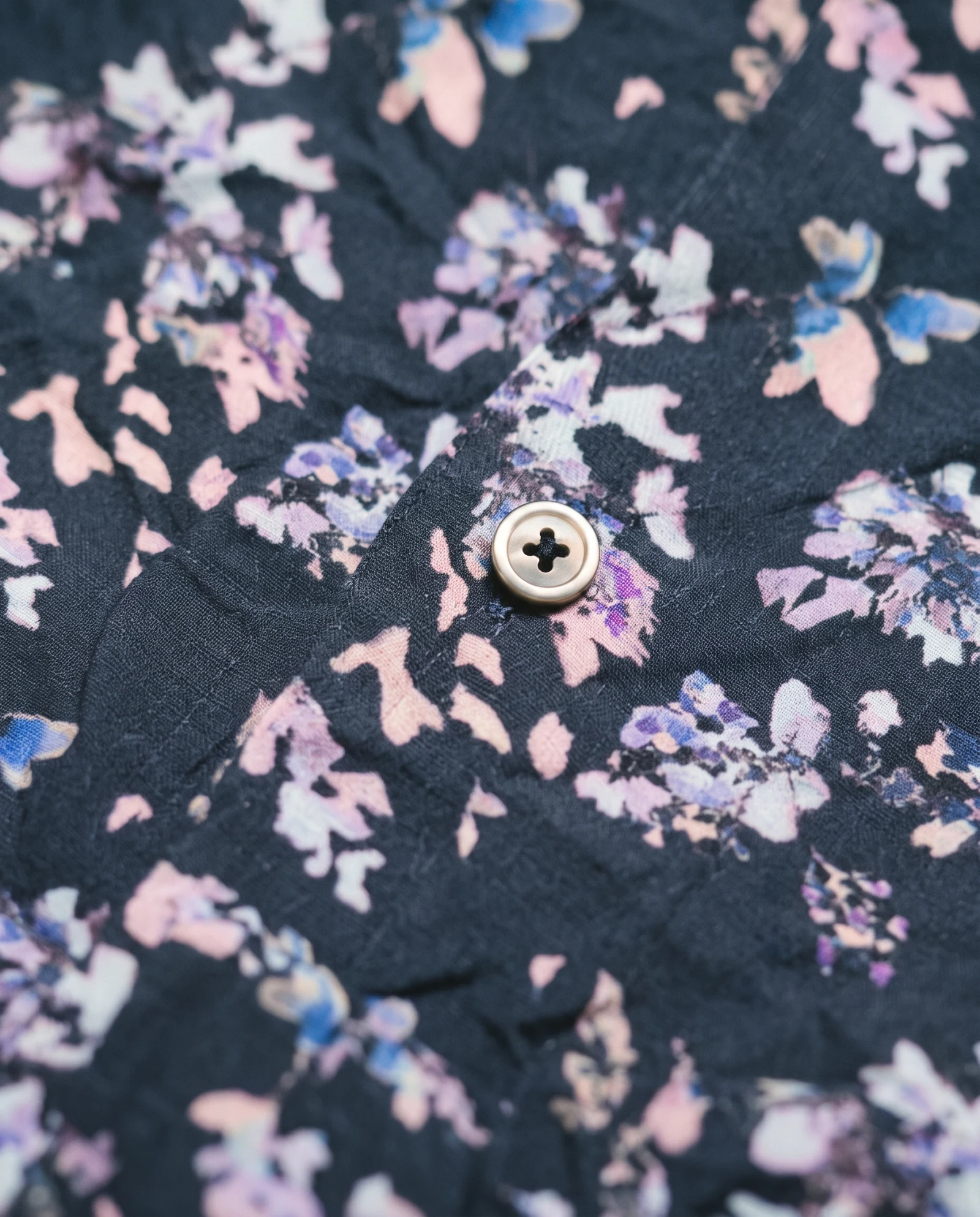 Midnight Bloom Floral Short-Sleeve Shirt — Midnight Navy Blush Pink Lilac Sky — the blouses — VAUDRE numbered luxury — view 4