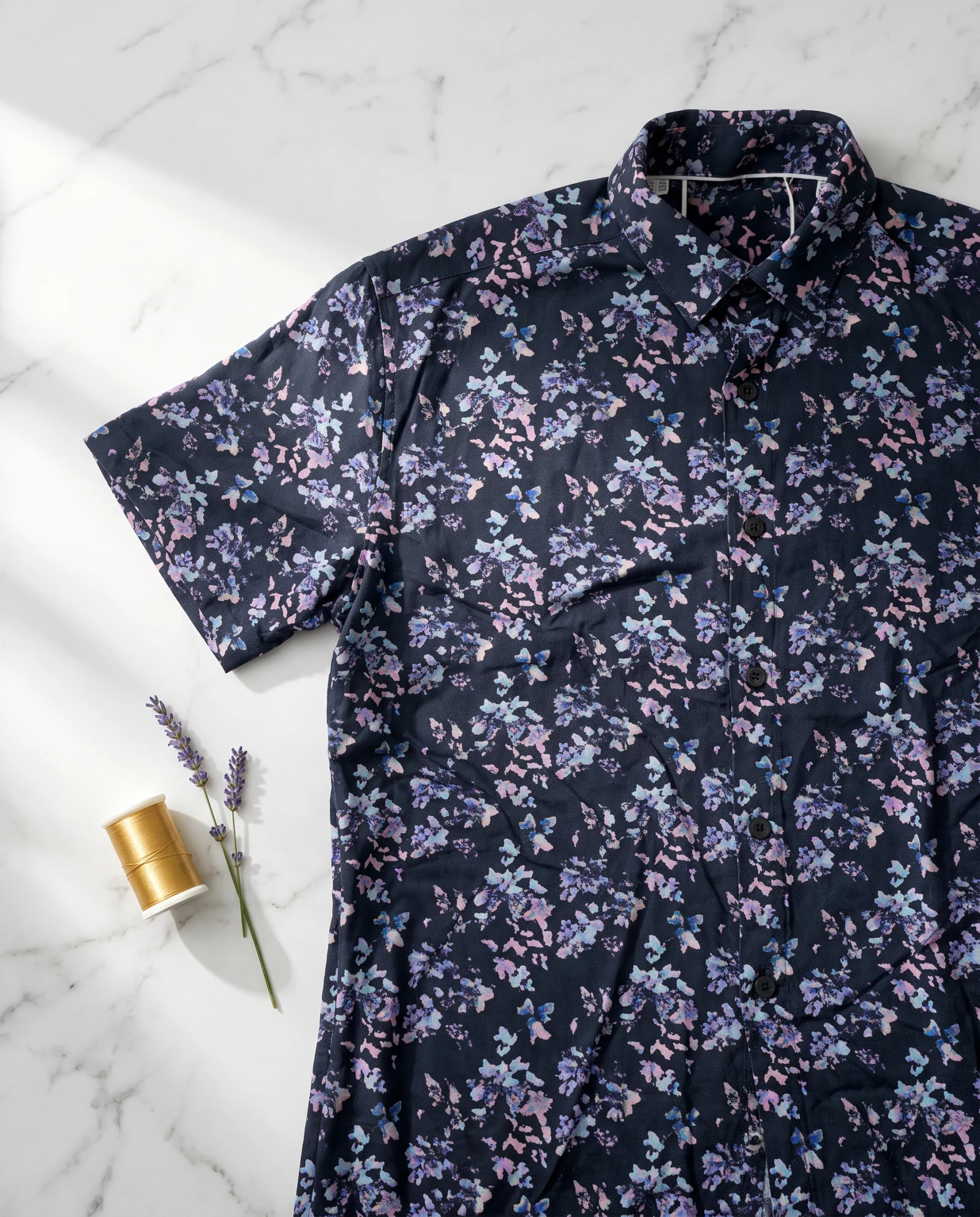 Midnight Bloom Floral Short-Sleeve Shirt — Midnight Navy Blush Pink Lilac Sky — the blouses — VAUDRE numbered luxury — view 5