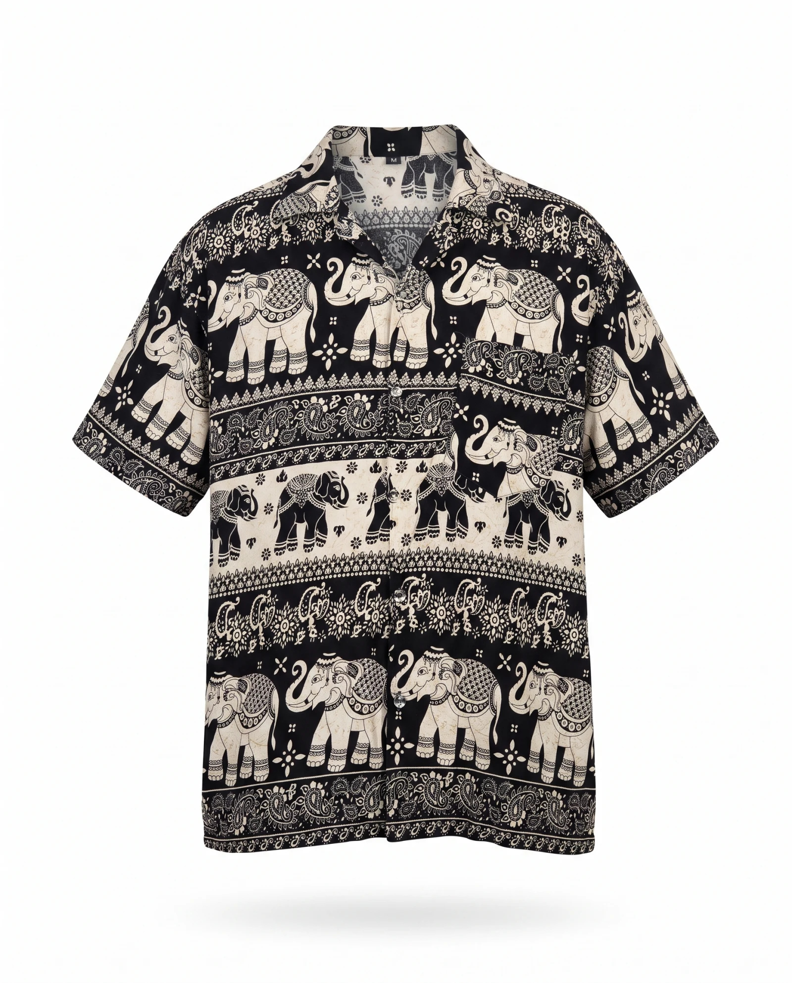 Onyx Elephant Batik Camp-Collar Shirt — Onyx Black Ivory Cream — street wear — VAUDRE numbered luxury