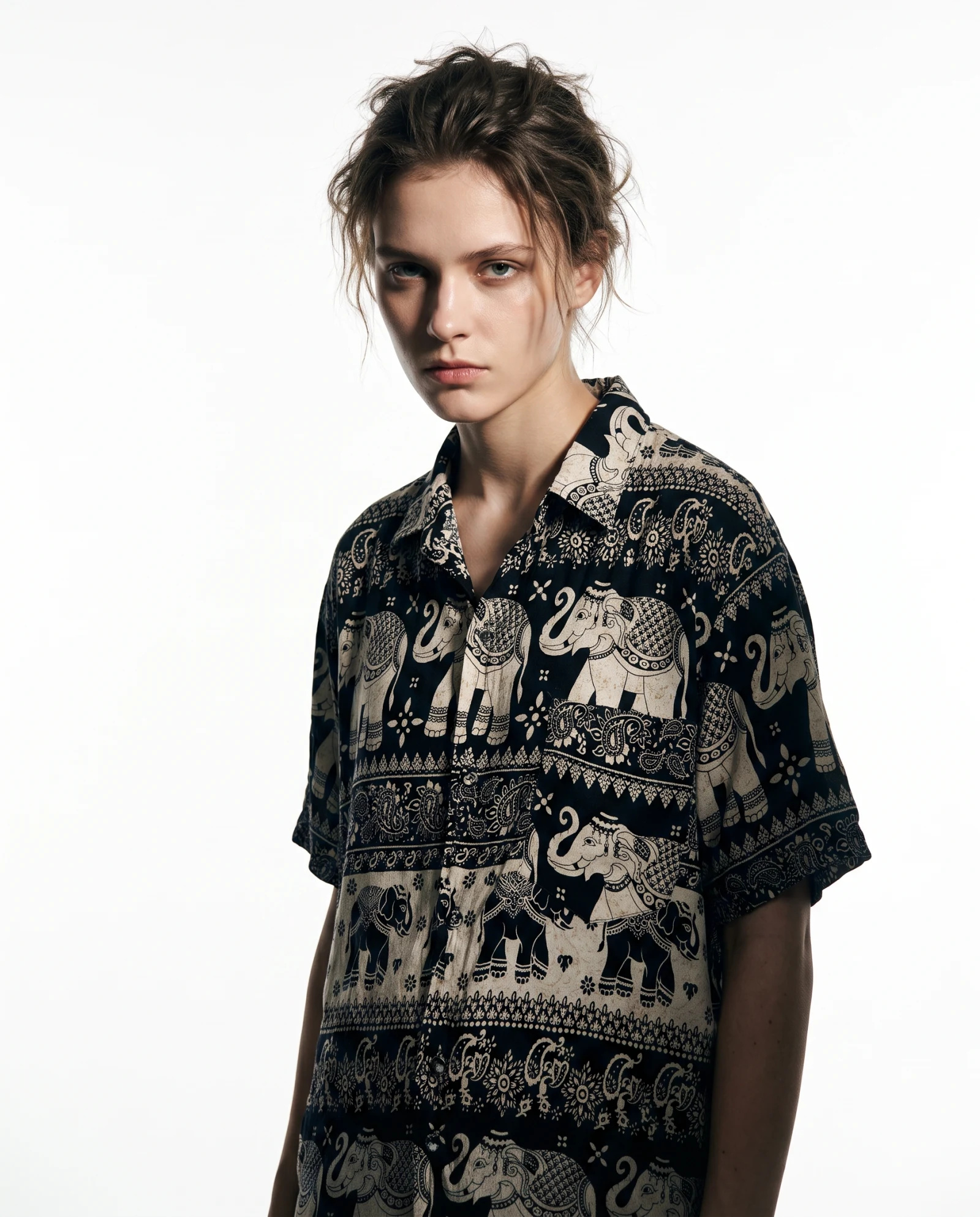 Onyx Elephant Batik Camp-Collar Shirt — Onyx Black Ivory Cream — street wear — VAUDRE numbered luxury — view 2