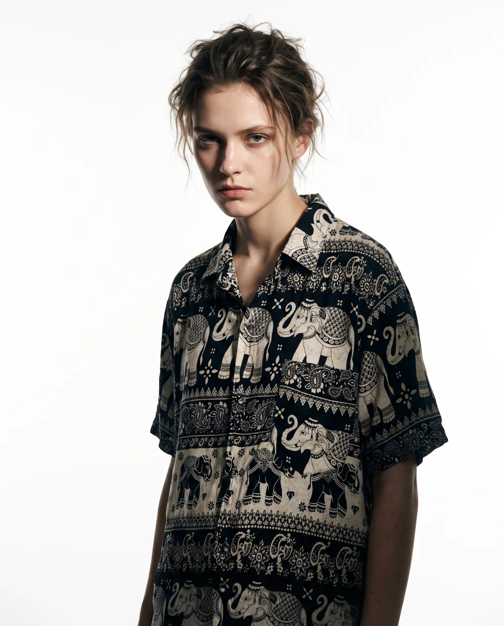 Onyx Elephant Batik Camp-Collar Shirt — Onyx Black Ivory Cream — street wear — VAUDRE numbered luxury — alternate view