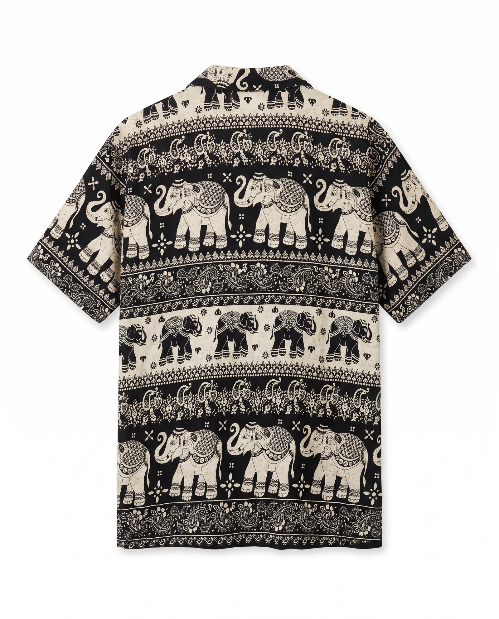 Onyx Elephant Batik Camp-Collar Shirt — Onyx Black Ivory Cream — street wear — VAUDRE numbered luxury — view 3