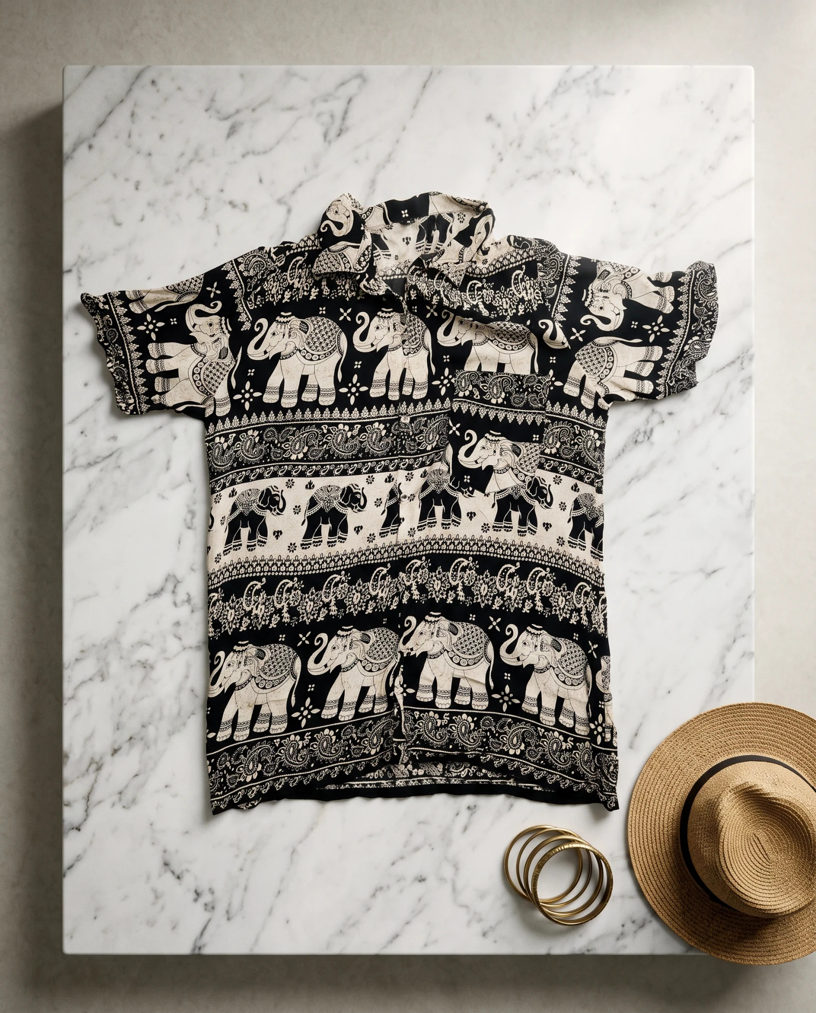 Onyx Elephant Batik Camp-Collar Shirt — Onyx Black Ivory Cream — street wear — VAUDRE numbered luxury — view 5