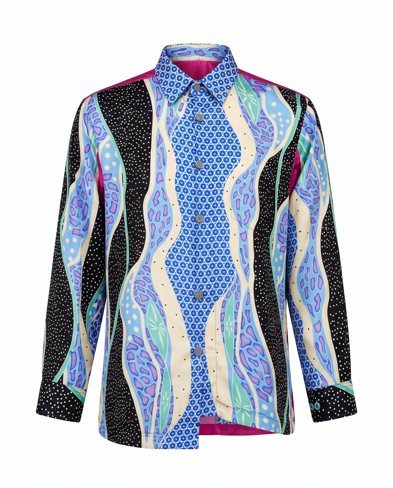 Magenta Reef Wave Silk Shirt — Magenta Pink Cobalt Blue Purple Bl — the blouses — VAUDRE numbered luxury