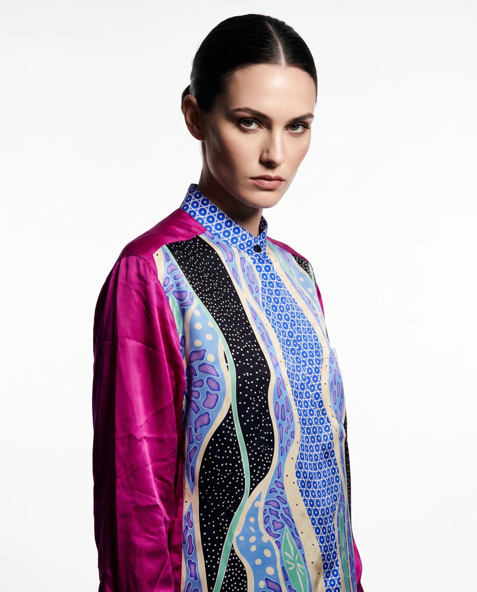 Magenta Reef Wave Silk Shirt — Magenta Pink Cobalt Blue Purple Bl — the blouses — VAUDRE numbered luxury — view 2