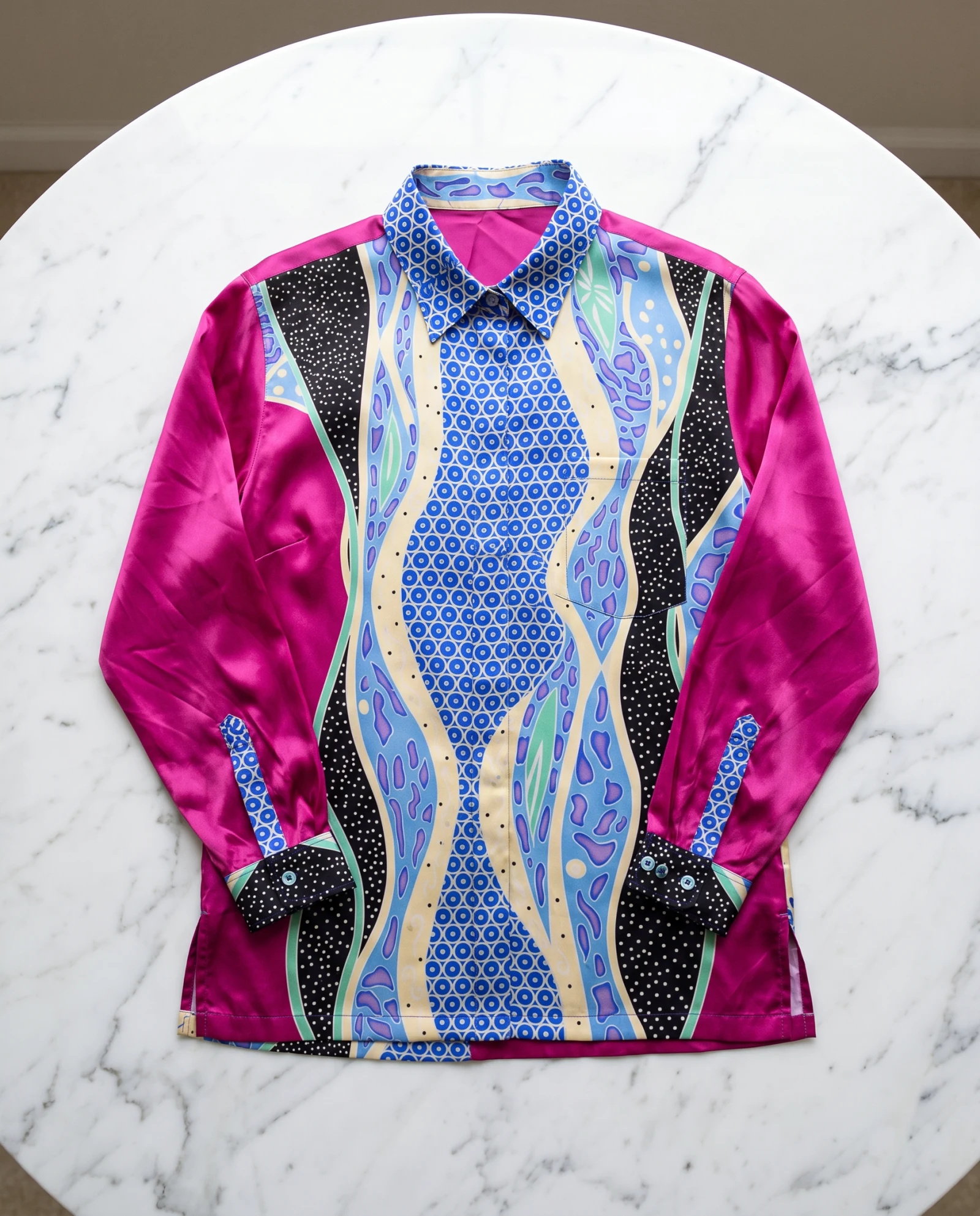 Magenta Reef Wave Silk Shirt — Magenta Pink Cobalt Blue Purple Bl — the blouses — VAUDRE numbered luxury — view 4