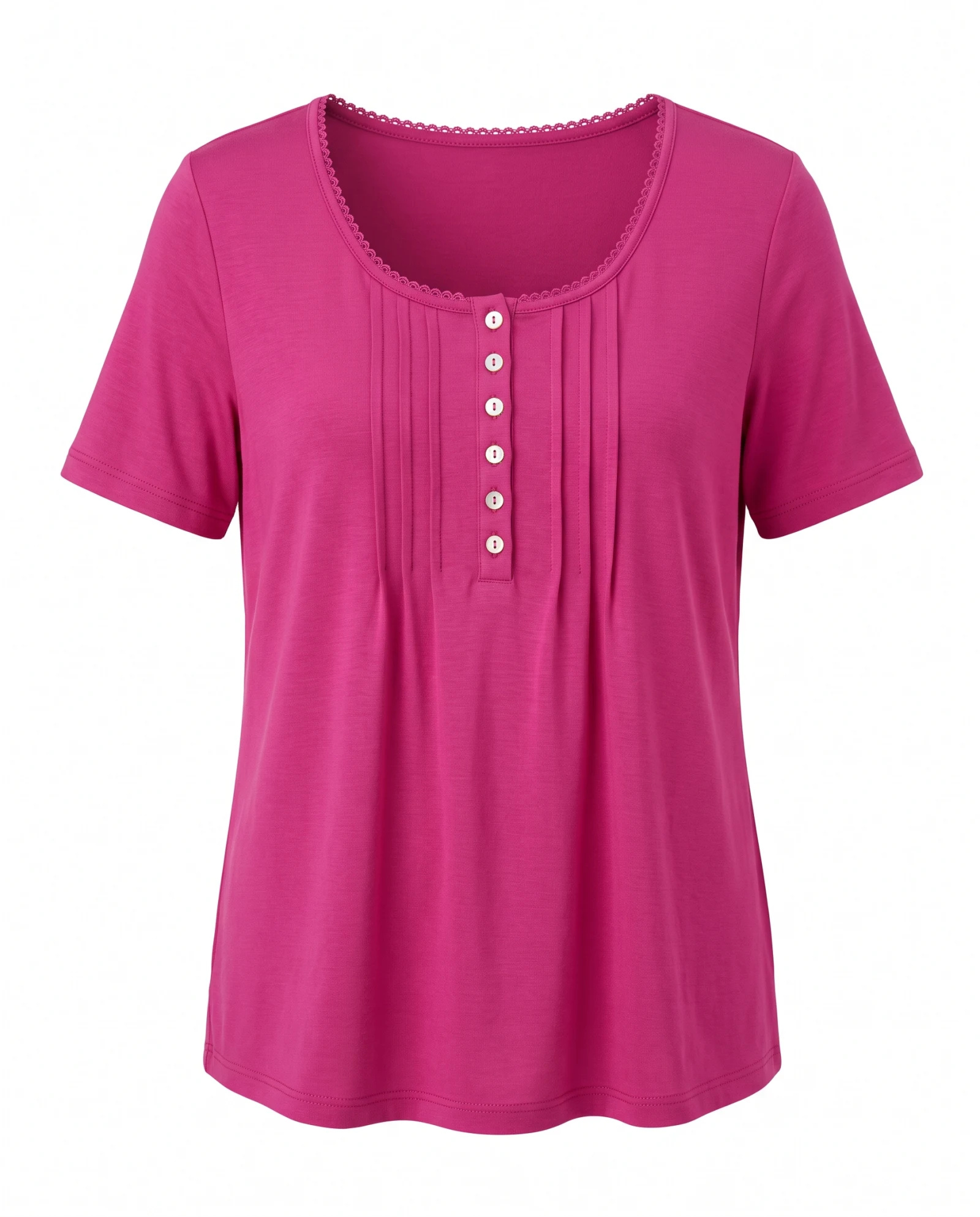 Fuchsia Pintuck Henley Tee — Fuchsia Pink Magenta Berry — the blouses — VAUDRE numbered luxury