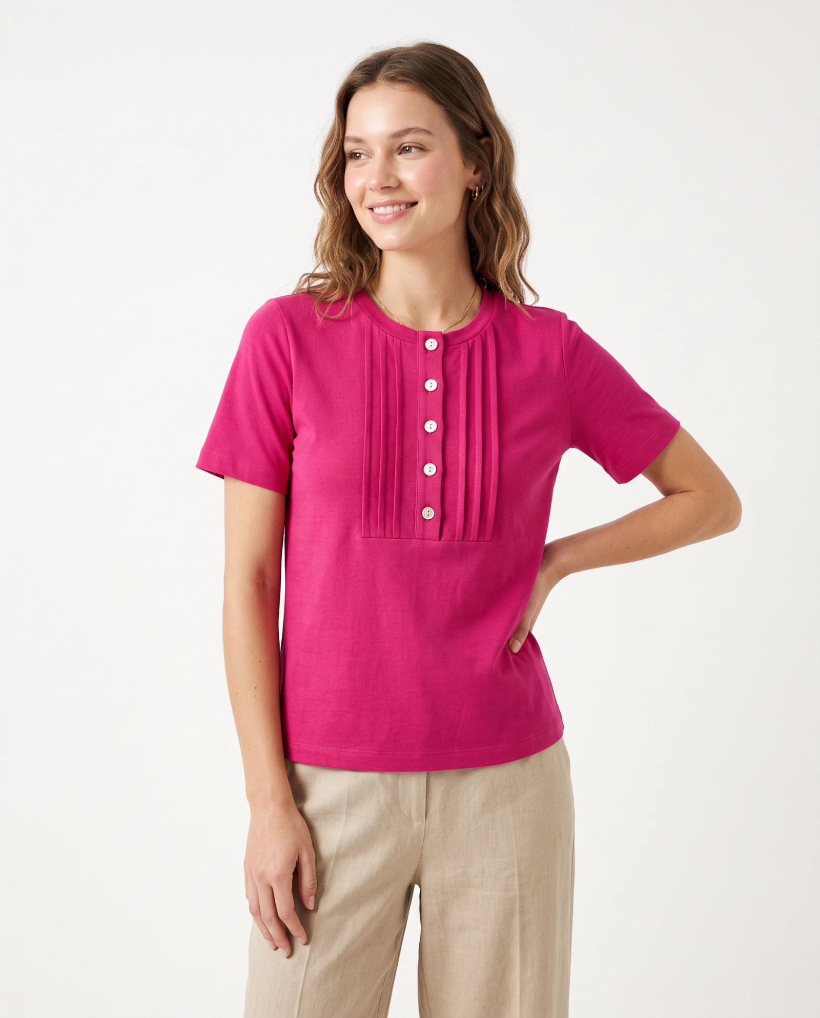 Fuchsia Pintuck Henley Tee — Fuchsia Pink Magenta Berry — the blouses — VAUDRE numbered luxury — view 2