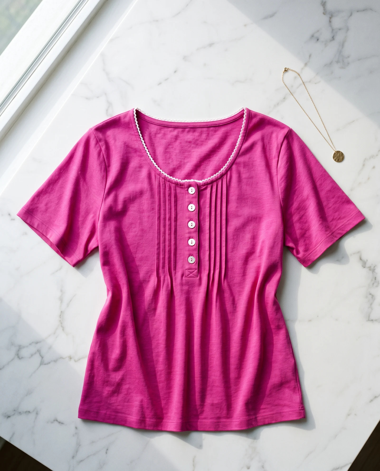 Fuchsia Pintuck Henley Tee — Fuchsia Pink Magenta Berry — the blouses — VAUDRE numbered luxury — view 4