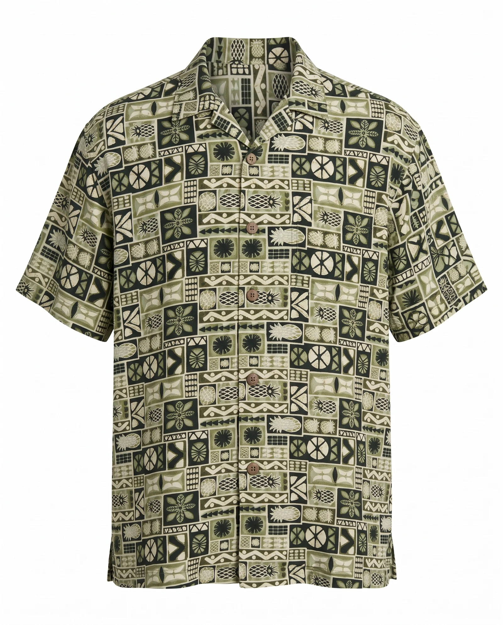 Olive Tiki Pineapple Camp-Collar Shirt — Olive Green Sage Ivory Cream Charc — resort & beach wear — VAUDRE numbered luxury