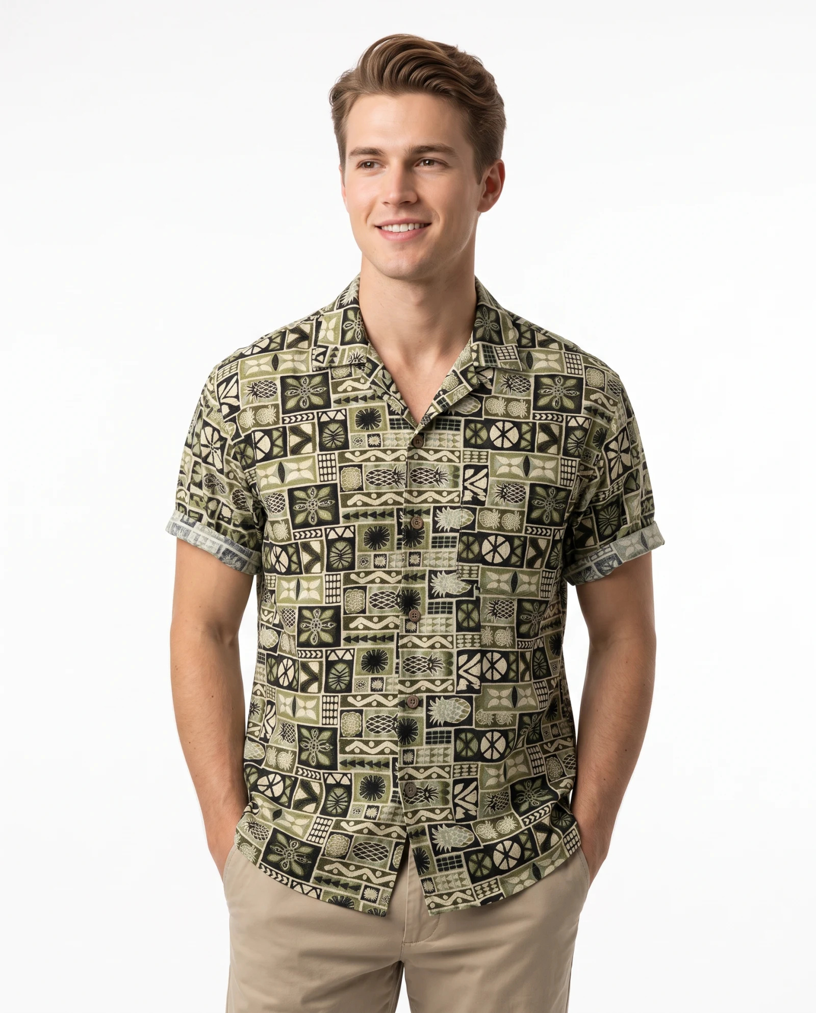 Olive Tiki Pineapple Camp-Collar Shirt — Olive Green Sage Ivory Cream Charc — resort & beach wear — VAUDRE numbered luxury — view 2