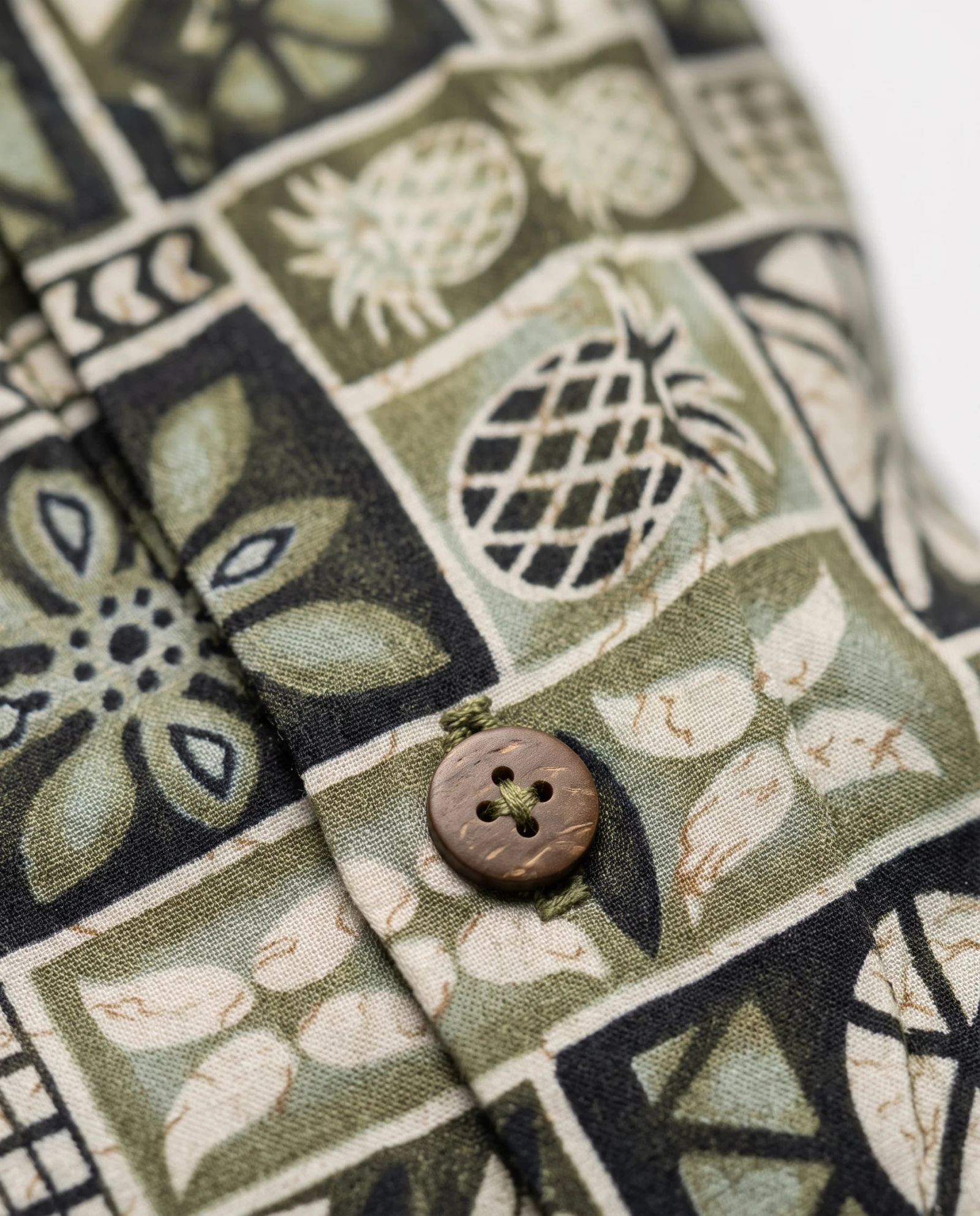 Olive Tiki Pineapple Camp-Collar Shirt — Olive Green Sage Ivory Cream Charc — resort & beach wear — VAUDRE numbered luxury — view 4