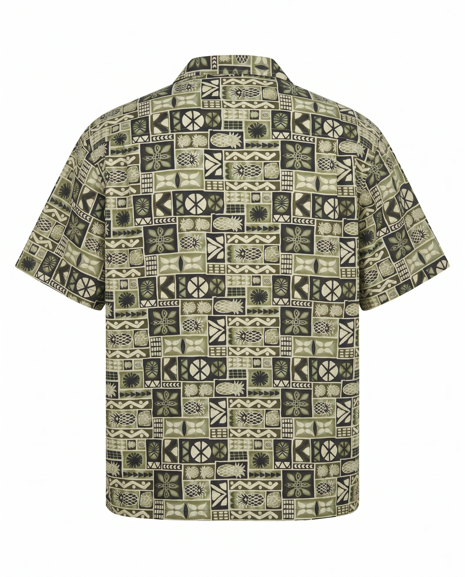 Olive Tiki Pineapple Camp-Collar Shirt — Olive Green Sage Ivory Cream Charc — resort & beach wear — VAUDRE numbered luxury — view 3