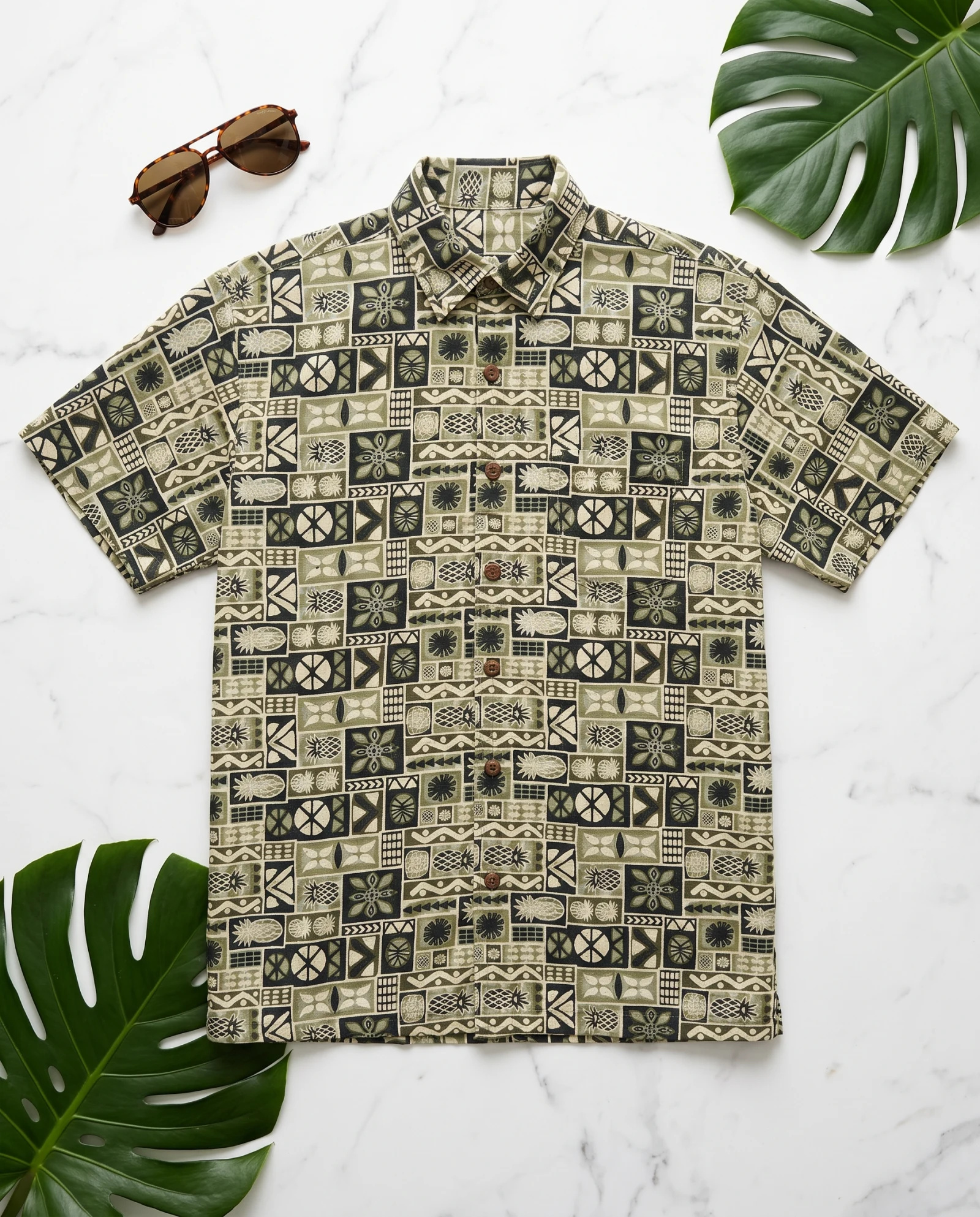 Olive Tiki Pineapple Camp-Collar Shirt — Olive Green Sage Ivory Cream Charc — resort & beach wear — VAUDRE numbered luxury — view 5