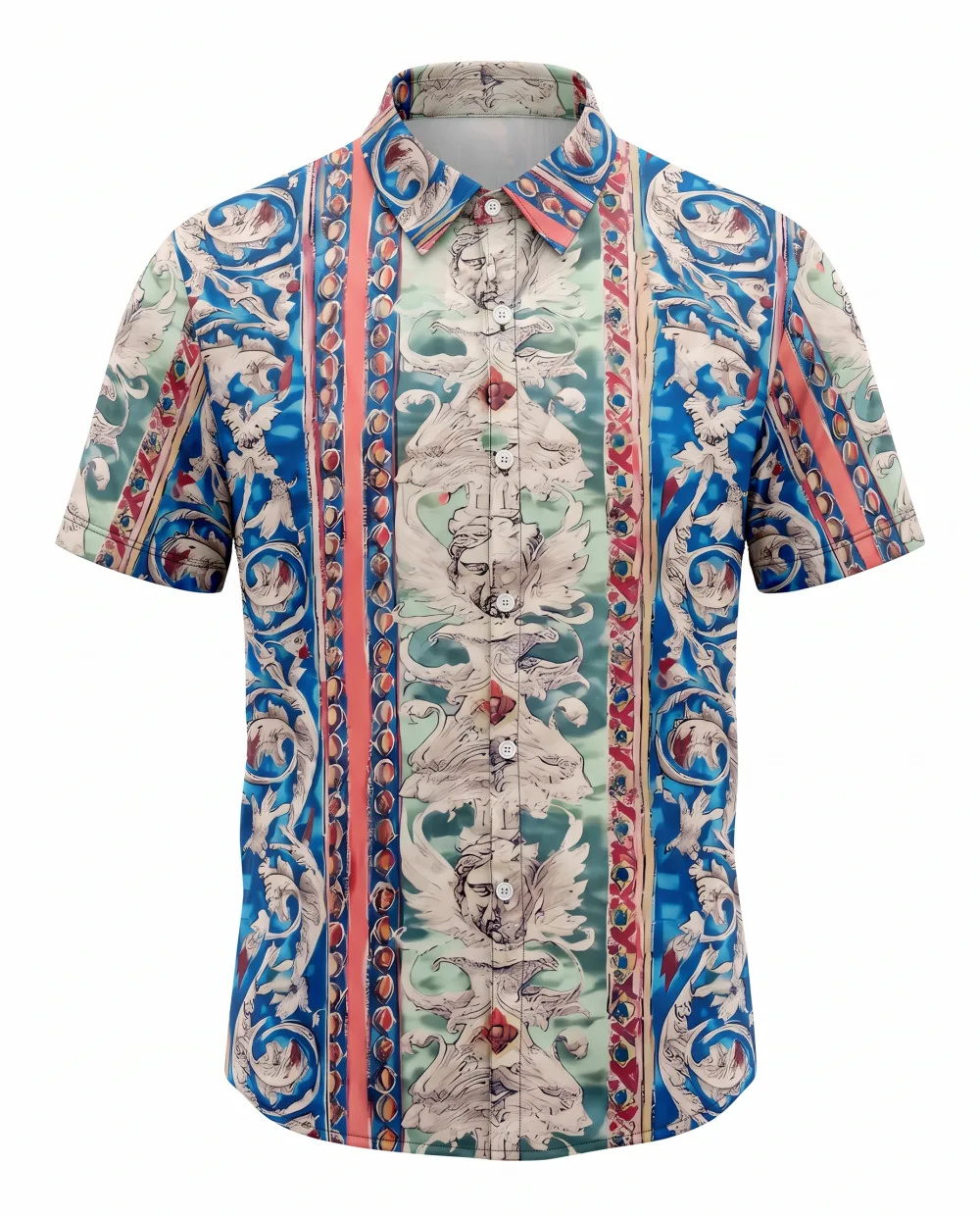 Azure Baroque Cherub Polyster Shirt — Azure Blue Coral Red Sage Green Iv — the printed t-shirts & shirts — VAUDRE numbered luxury