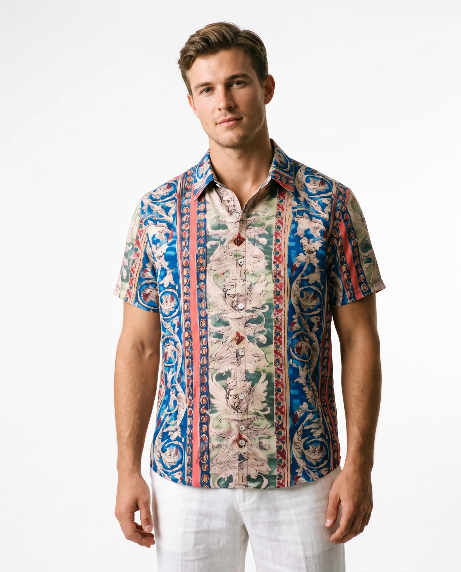 Azure Baroque Cherub Polyster Shirt — Azure Blue Coral Red Sage Green Iv — the printed t-shirts & shirts — VAUDRE numbered luxury — view 2