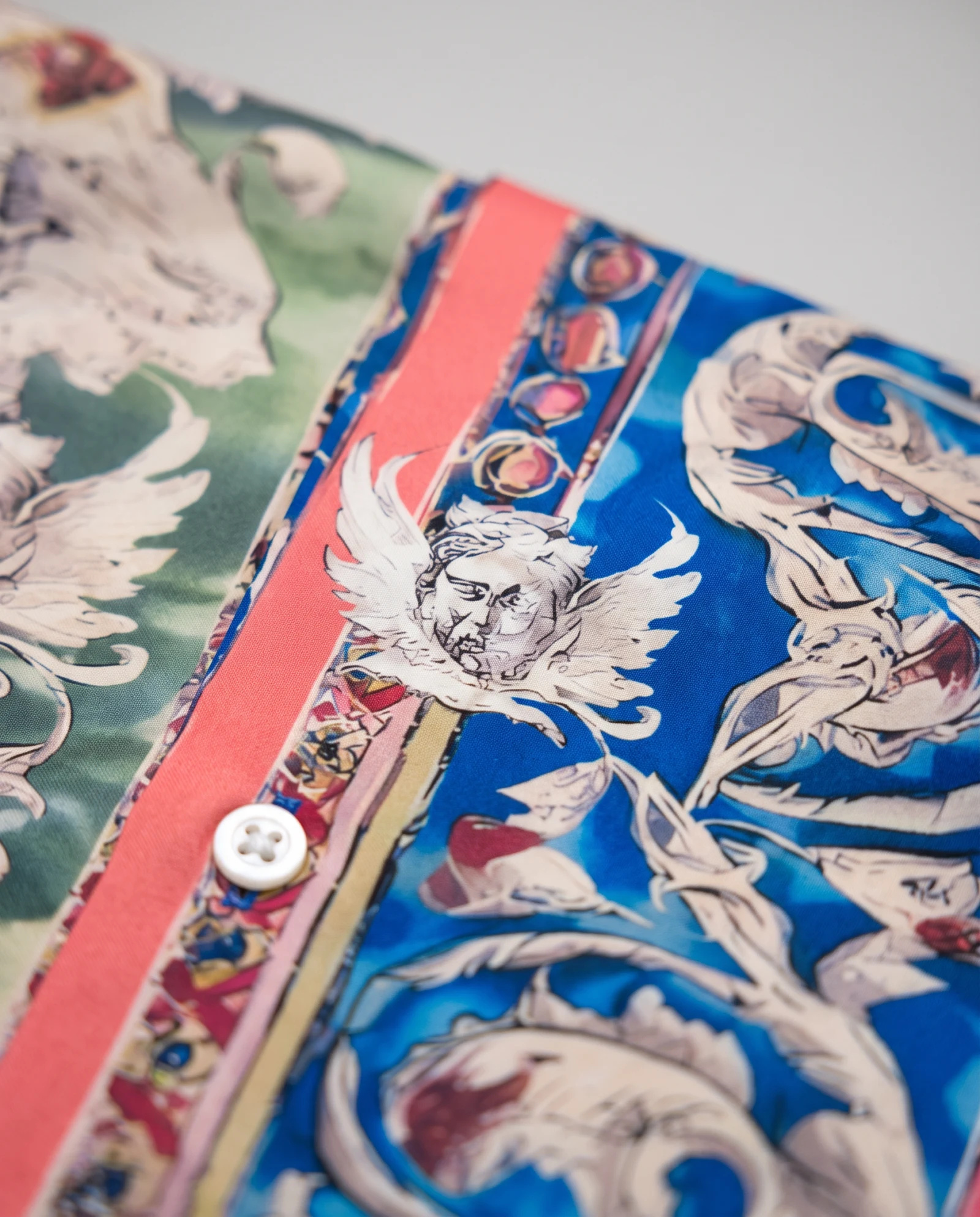 Azure Baroque Cherub Polyster Shirt — Azure Blue Coral Red Sage Green Iv — the printed t-shirts & shirts — VAUDRE numbered luxury — view 4