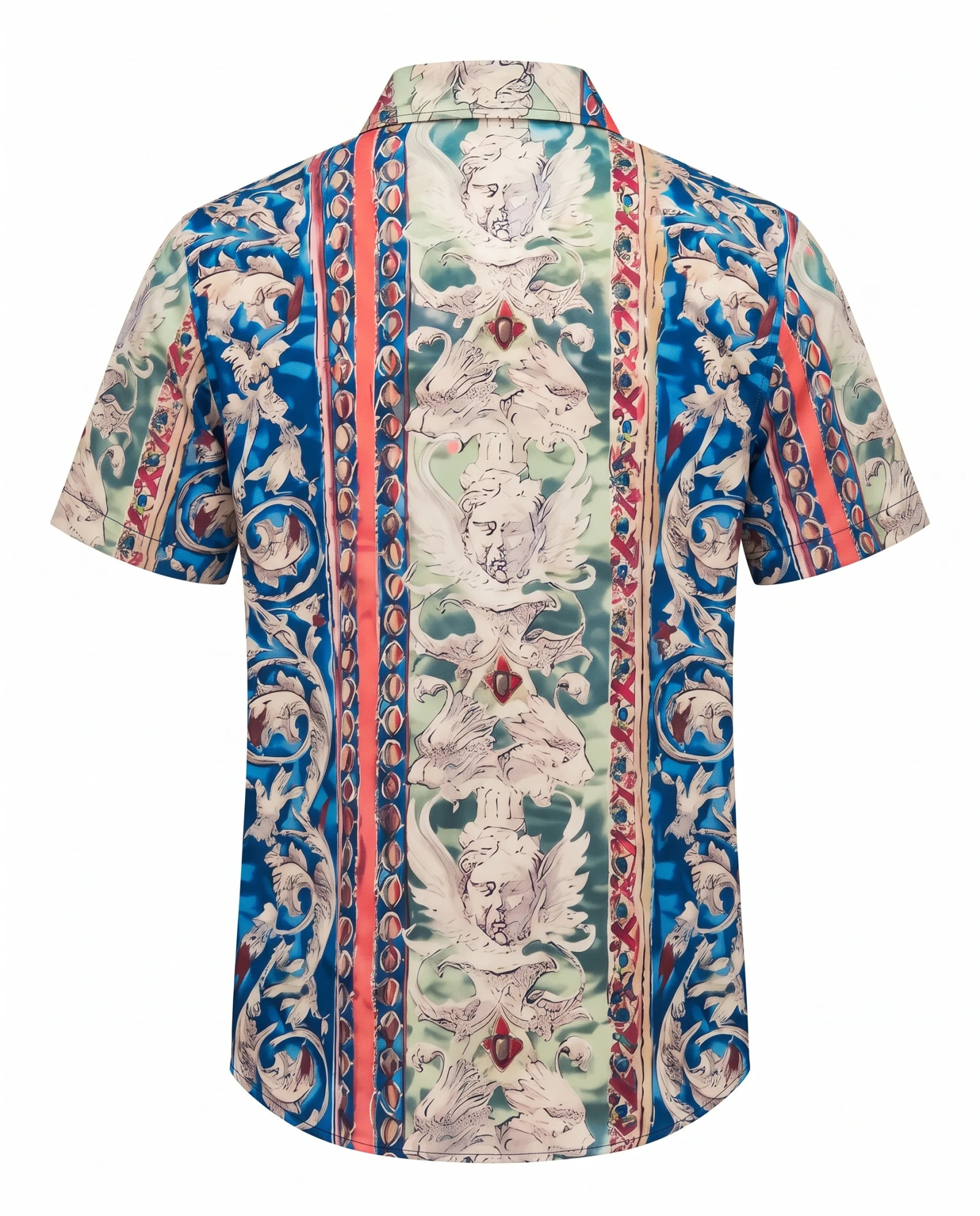 Azure Baroque Cherub Polyster Shirt — Azure Blue Coral Red Sage Green Iv — the printed t-shirts & shirts — VAUDRE numbered luxury — view 3