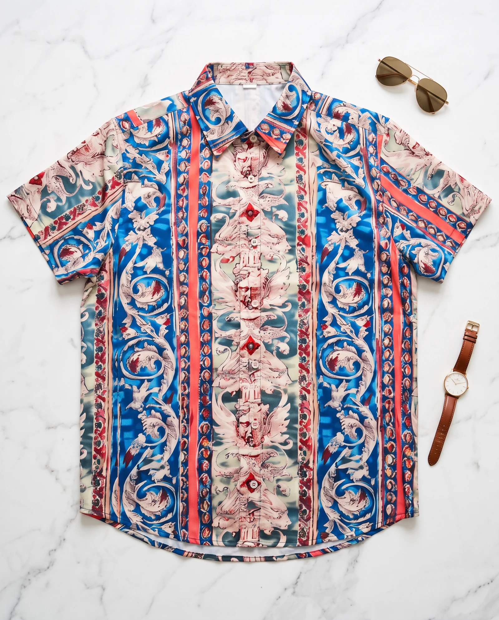 Azure Baroque Cherub Polyster Shirt — Azure Blue Coral Red Sage Green Iv — the printed t-shirts & shirts — VAUDRE numbered luxury — view 5