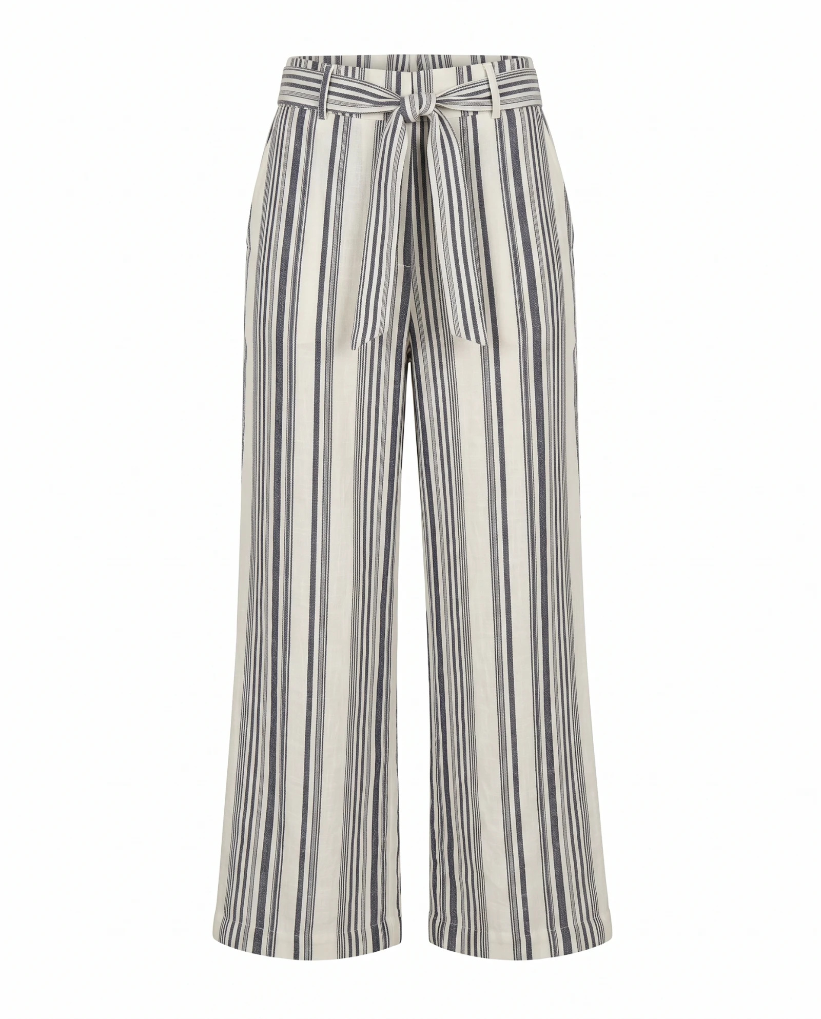 Riviera Stripe Belted Linen Wide-Leg Trousers — Ivory Cream Navy Blue Stripe — the linen edit — VAUDRE numbered luxury