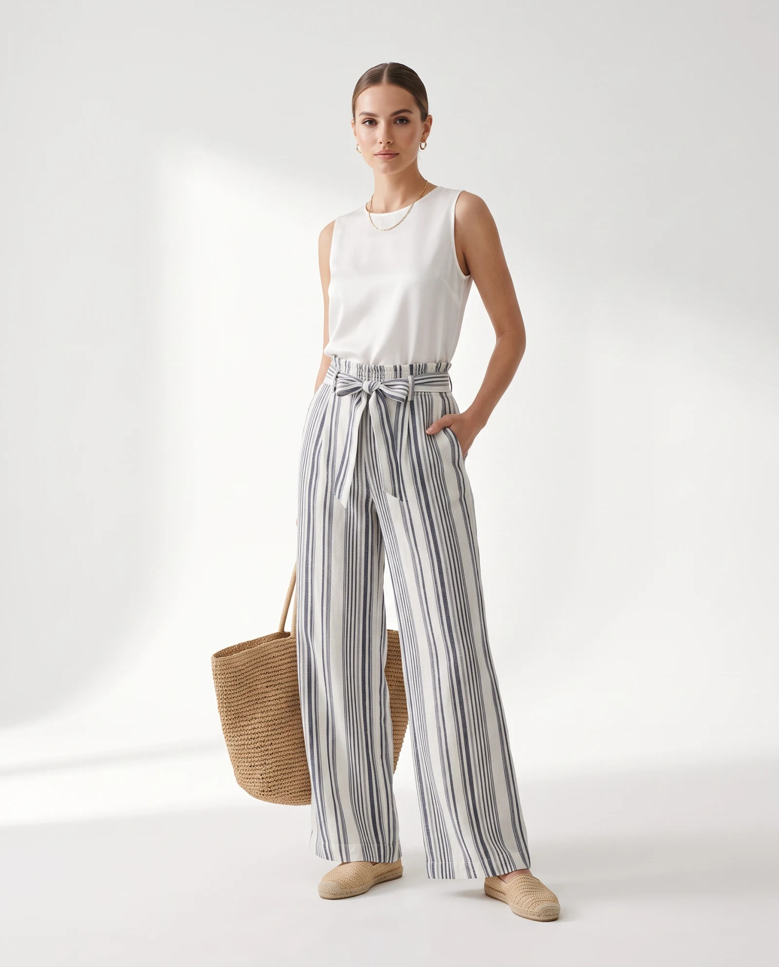 Riviera Stripe Belted Linen Wide-Leg Trousers — Ivory Cream Navy Blue Stripe — the linen edit — VAUDRE numbered luxury — view 2