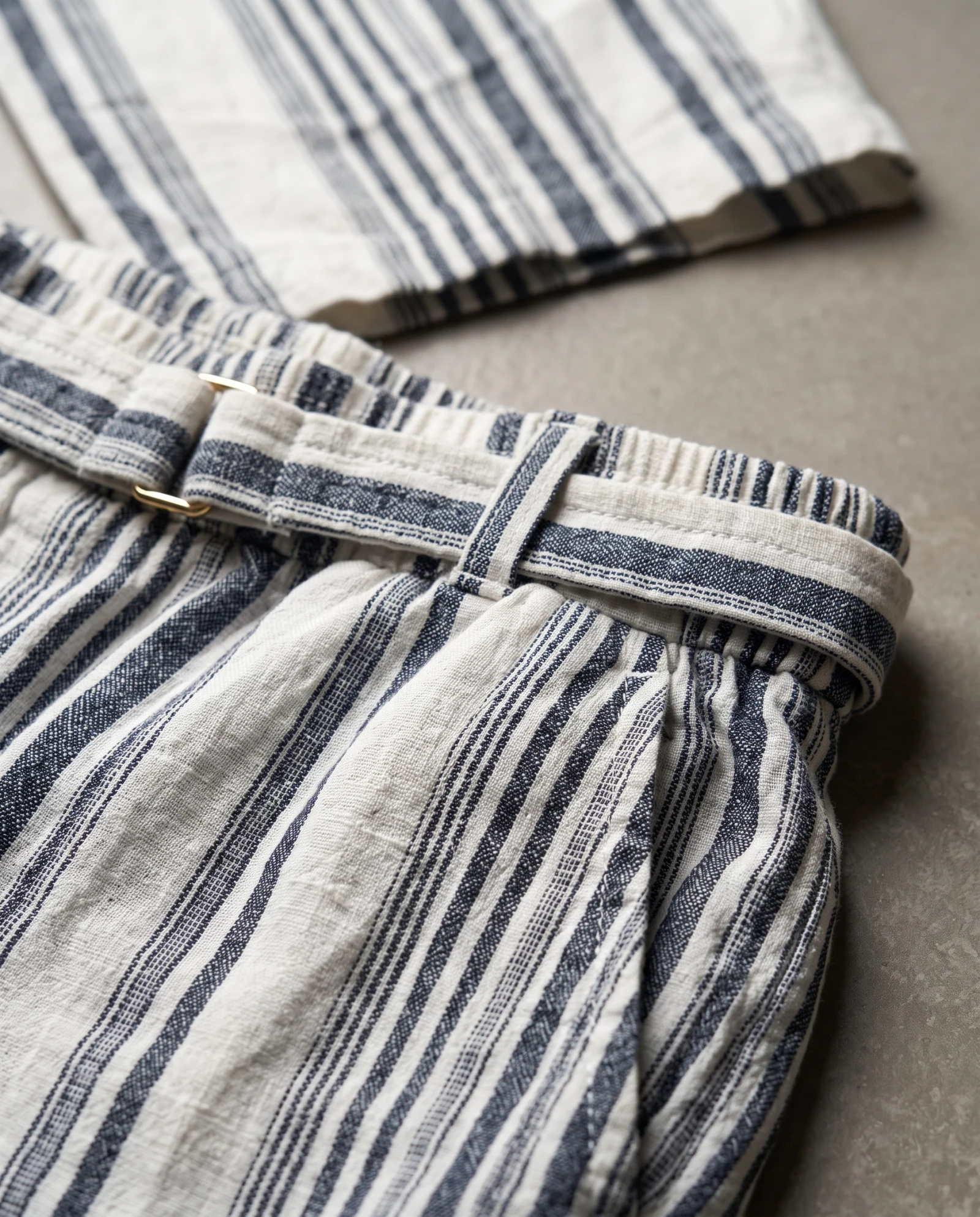 Riviera Stripe Belted Linen Wide-Leg Trousers — Ivory Cream Navy Blue Stripe — the linen edit — VAUDRE numbered luxury — view 4