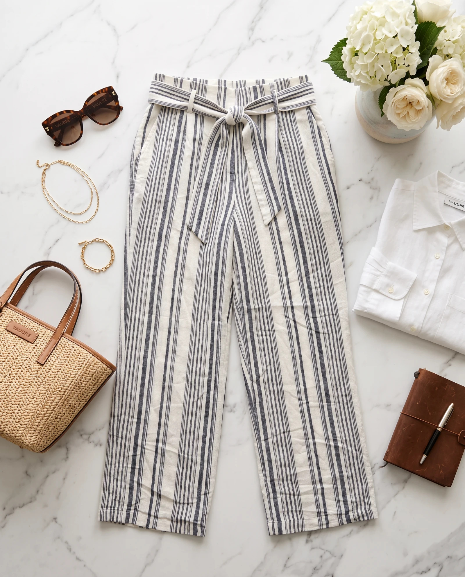 Riviera Stripe Belted Linen Wide-Leg Trousers — Ivory Cream Navy Blue Stripe — the linen edit — VAUDRE numbered luxury — view 5