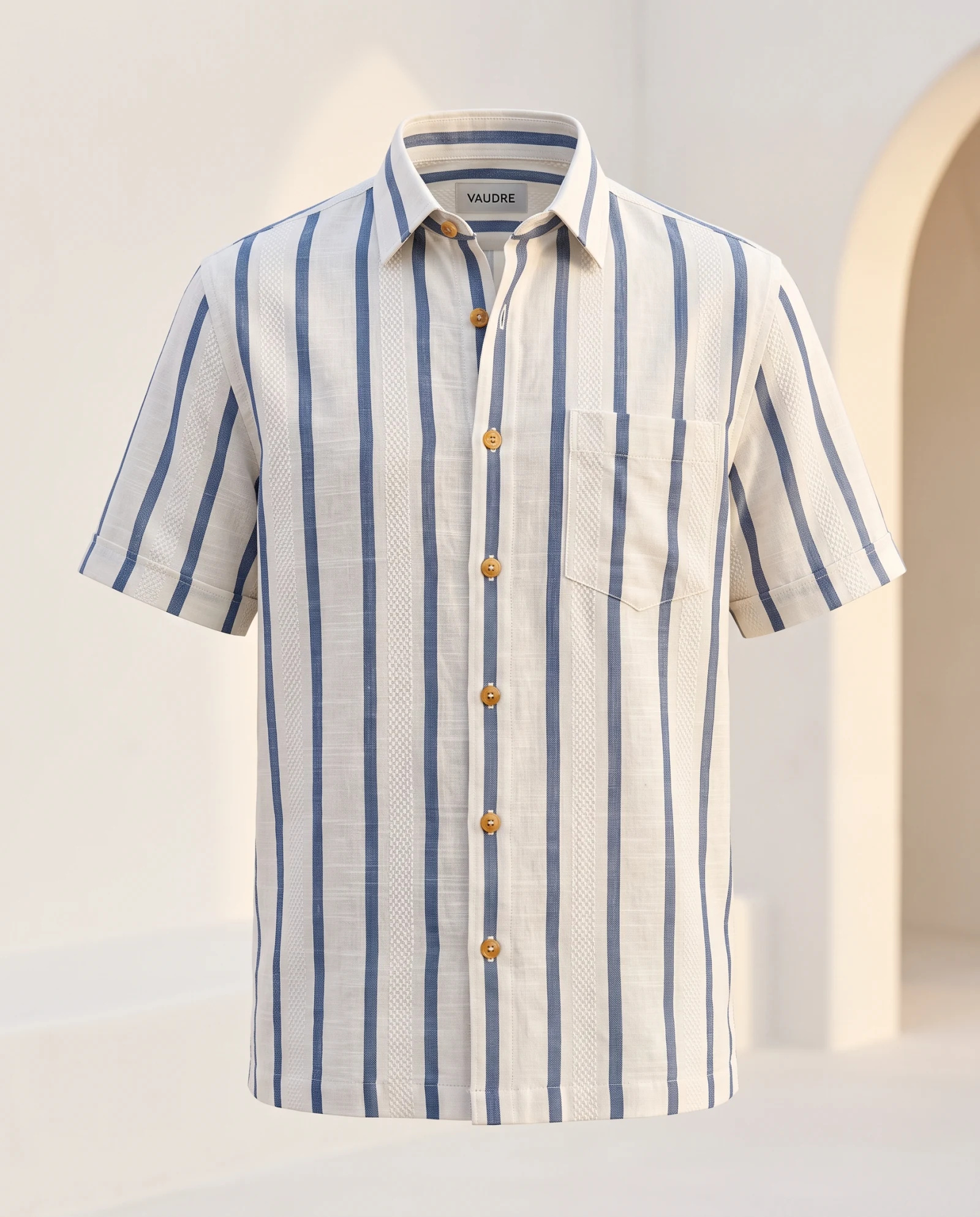 Santorini Blue Stripe Textured Linen Shirt — Ivory Cream Denim Blue Stripe — the linen — VAUDRE numbered luxury — view 2