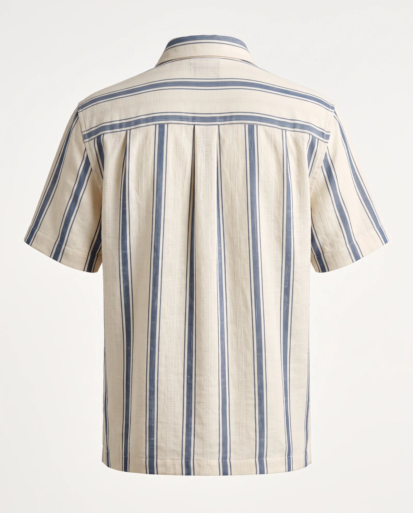 Santorini Blue Stripe Textured Linen Shirt — Ivory Cream Denim Blue Stripe — the linen — VAUDRE numbered luxury — view 5