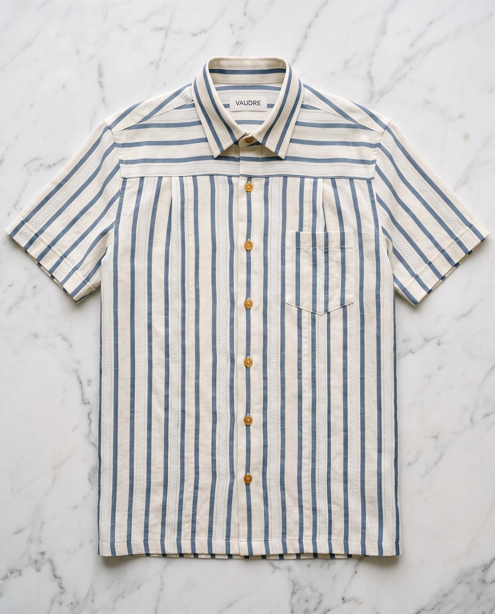 Santorini Blue Stripe Textured Linen Shirt — Ivory Cream Denim Blue Stripe — the linen — VAUDRE numbered luxury — view 4