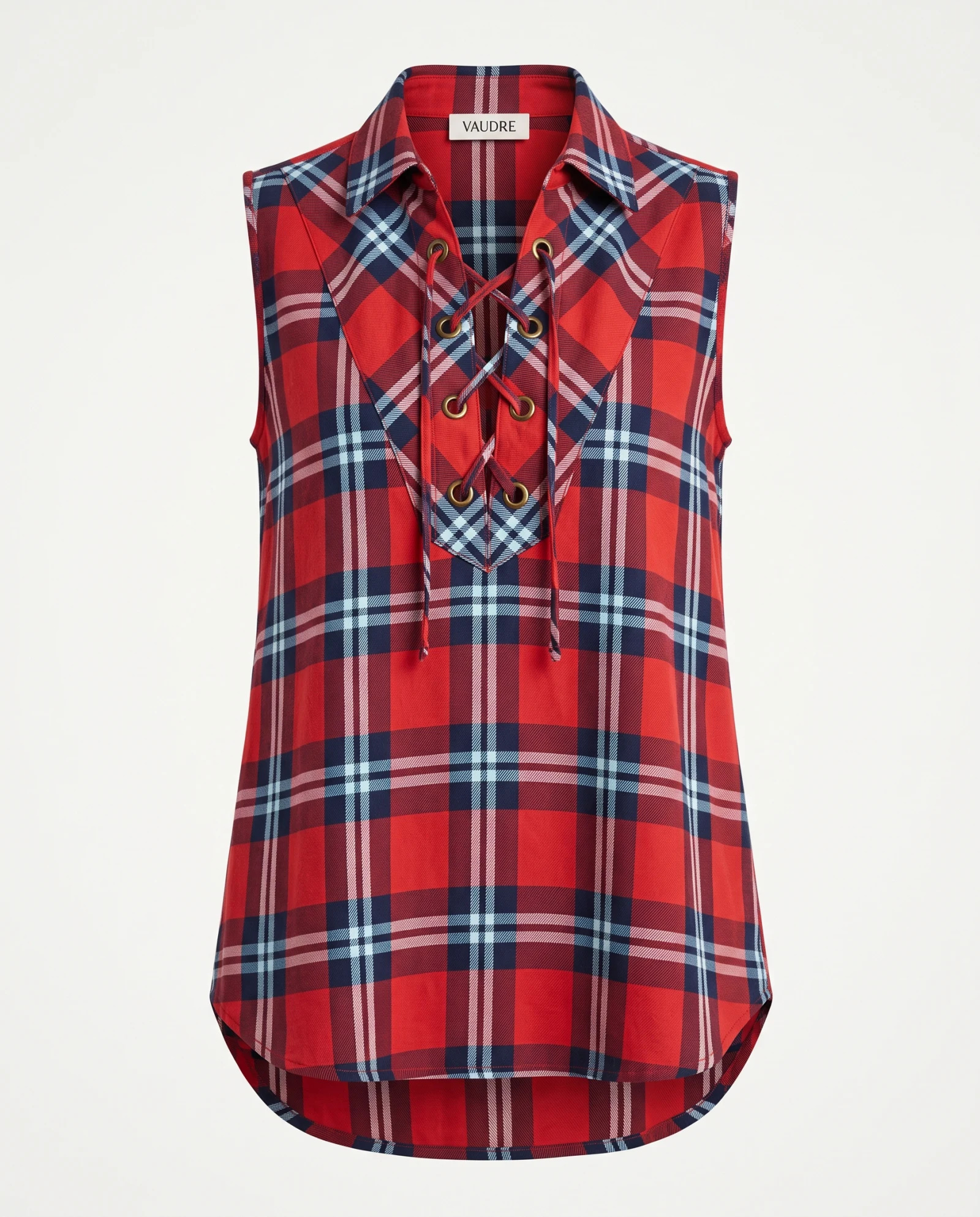 Crimson Tartan Lace-Up Sleeveless Tunic — Crimson Red Navy Blue Sky Blue Whi — the linen edit — VAUDRE numbered luxury
