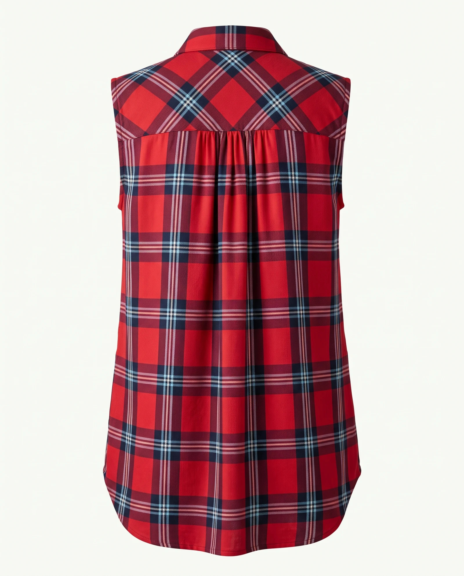 Crimson Tartan Lace-Up Sleeveless Tunic — Crimson Red Navy Blue Sky Blue Whi — the linen edit — VAUDRE numbered luxury — view 2