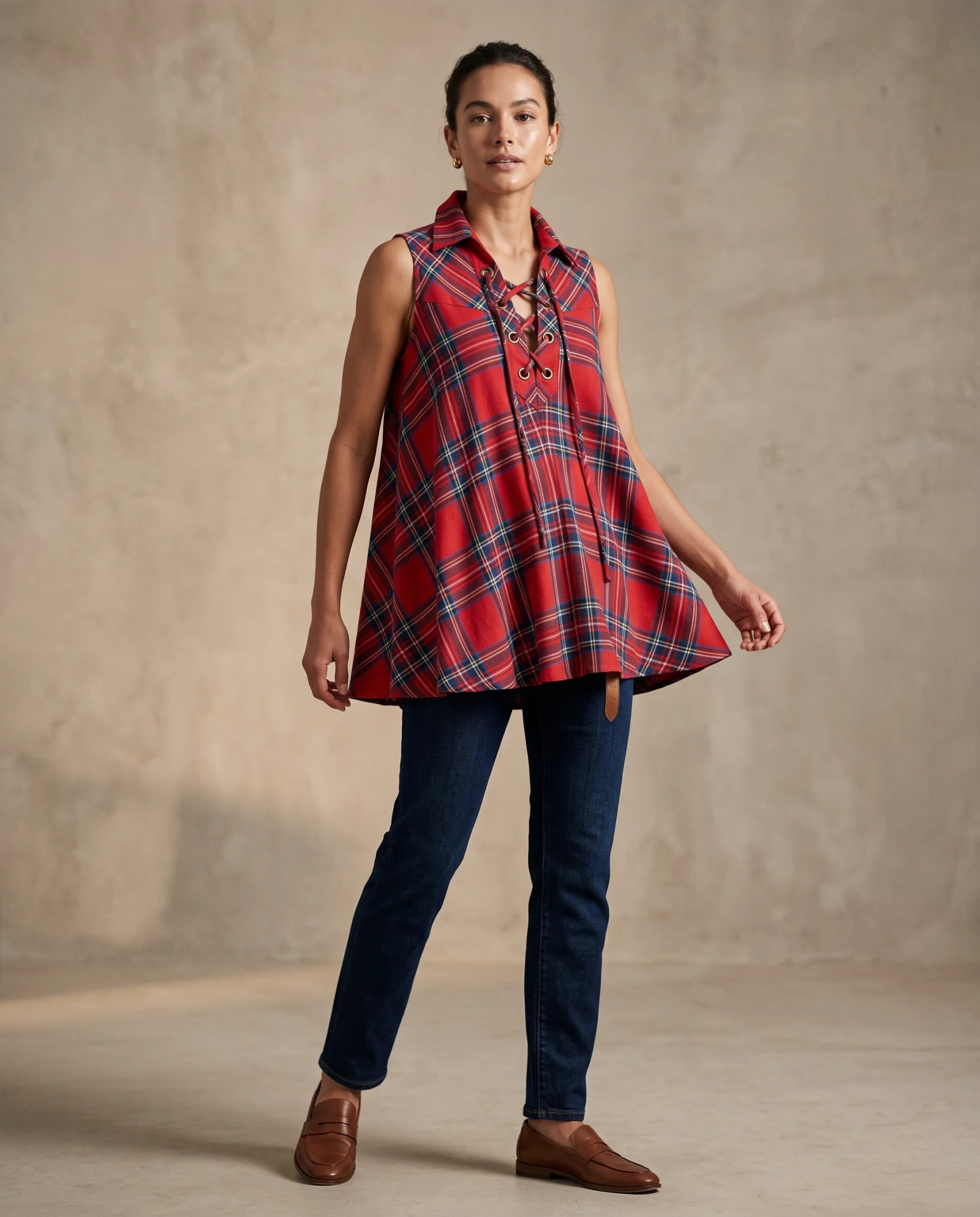 Crimson Tartan Lace-Up Sleeveless Tunic — Crimson Red Navy Blue Sky Blue Whi — the linen edit — VAUDRE numbered luxury — view 3