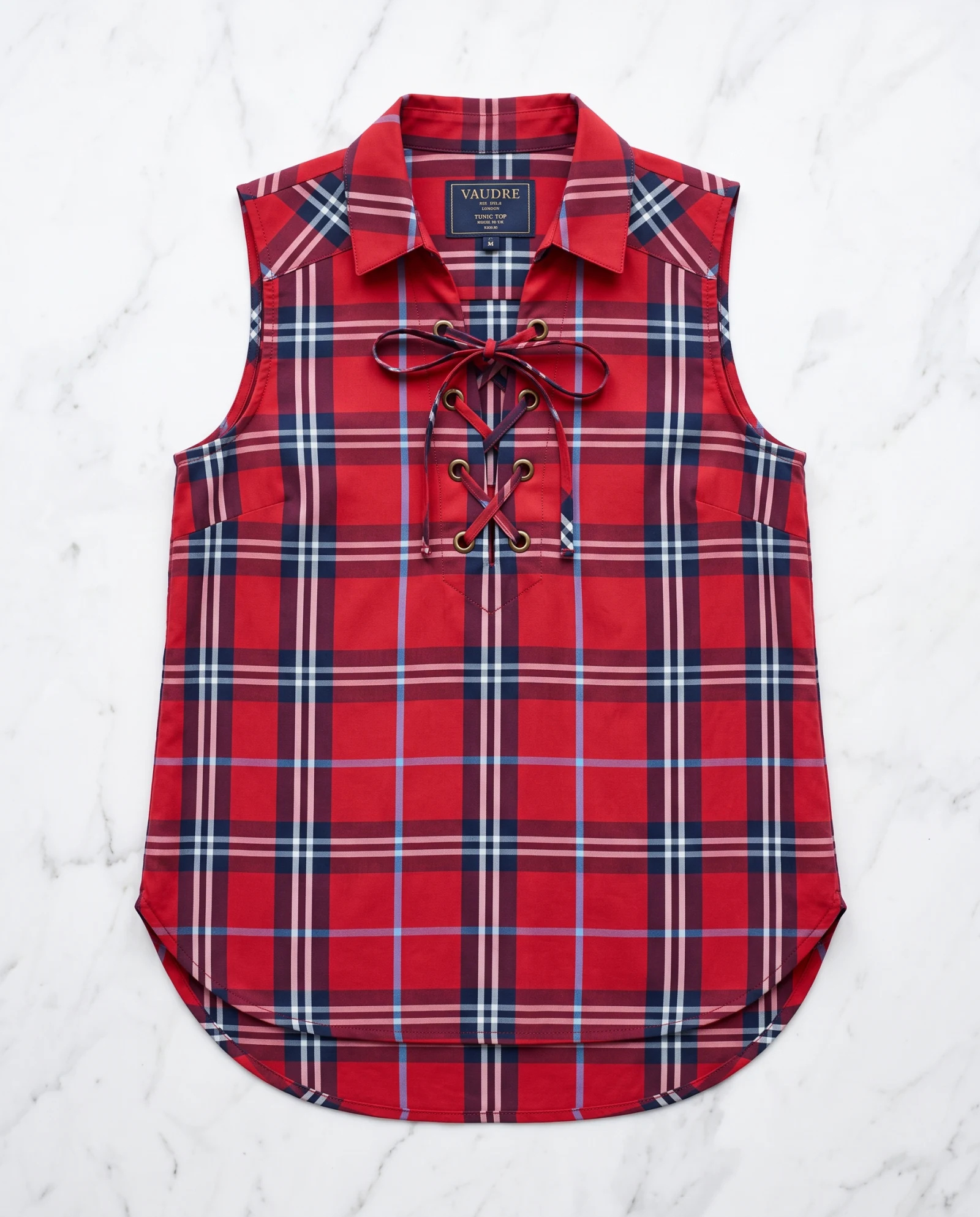 Crimson Tartan Lace-Up Sleeveless Tunic — Crimson Red Navy Blue Sky Blue Whi — the linen edit — VAUDRE numbered luxury — view 4