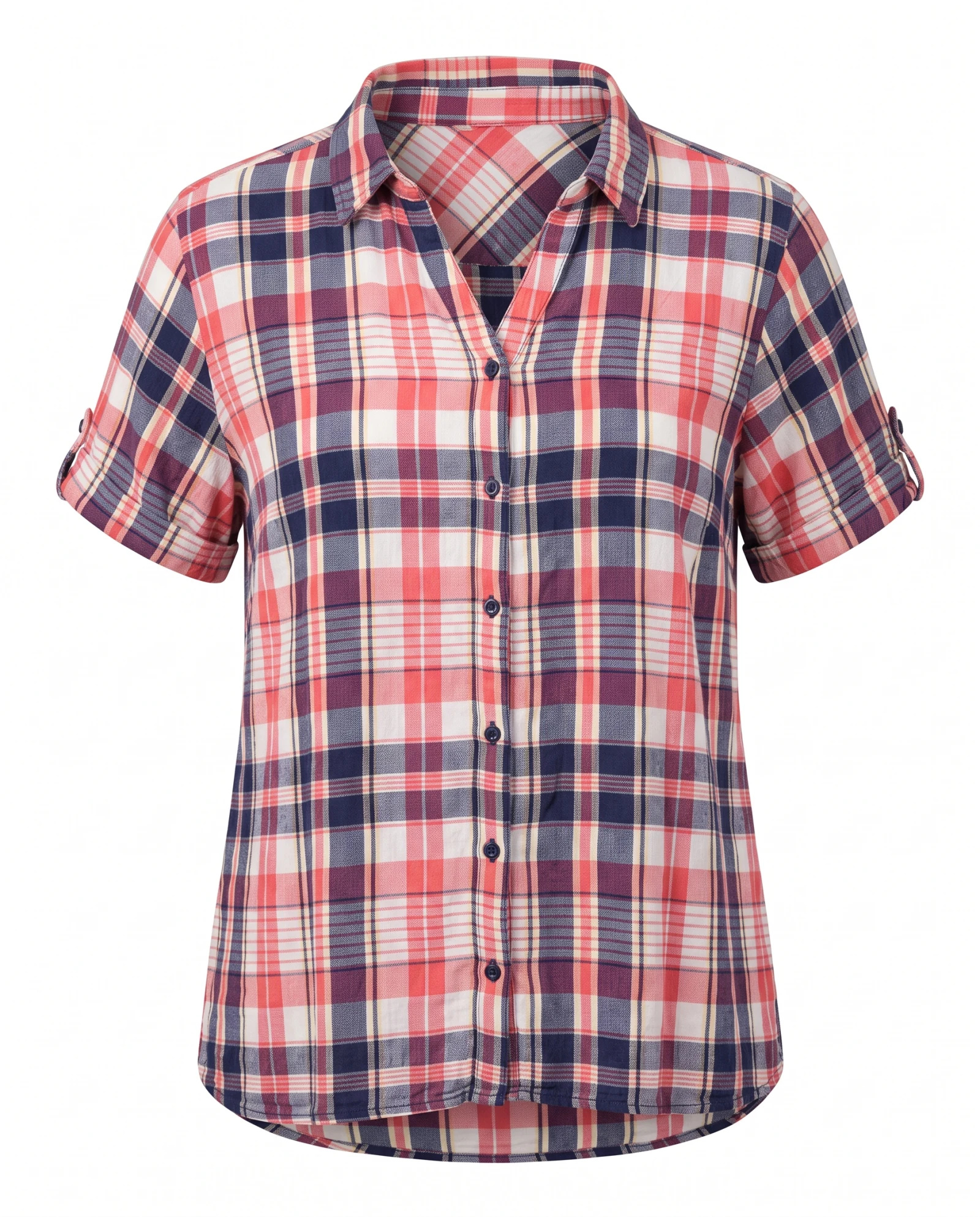 Coral Check Roll-Sleeve Cotton Shirt — Coral Pink Navy Blue Ivory White Y — the linen edit — VAUDRE numbered luxury
