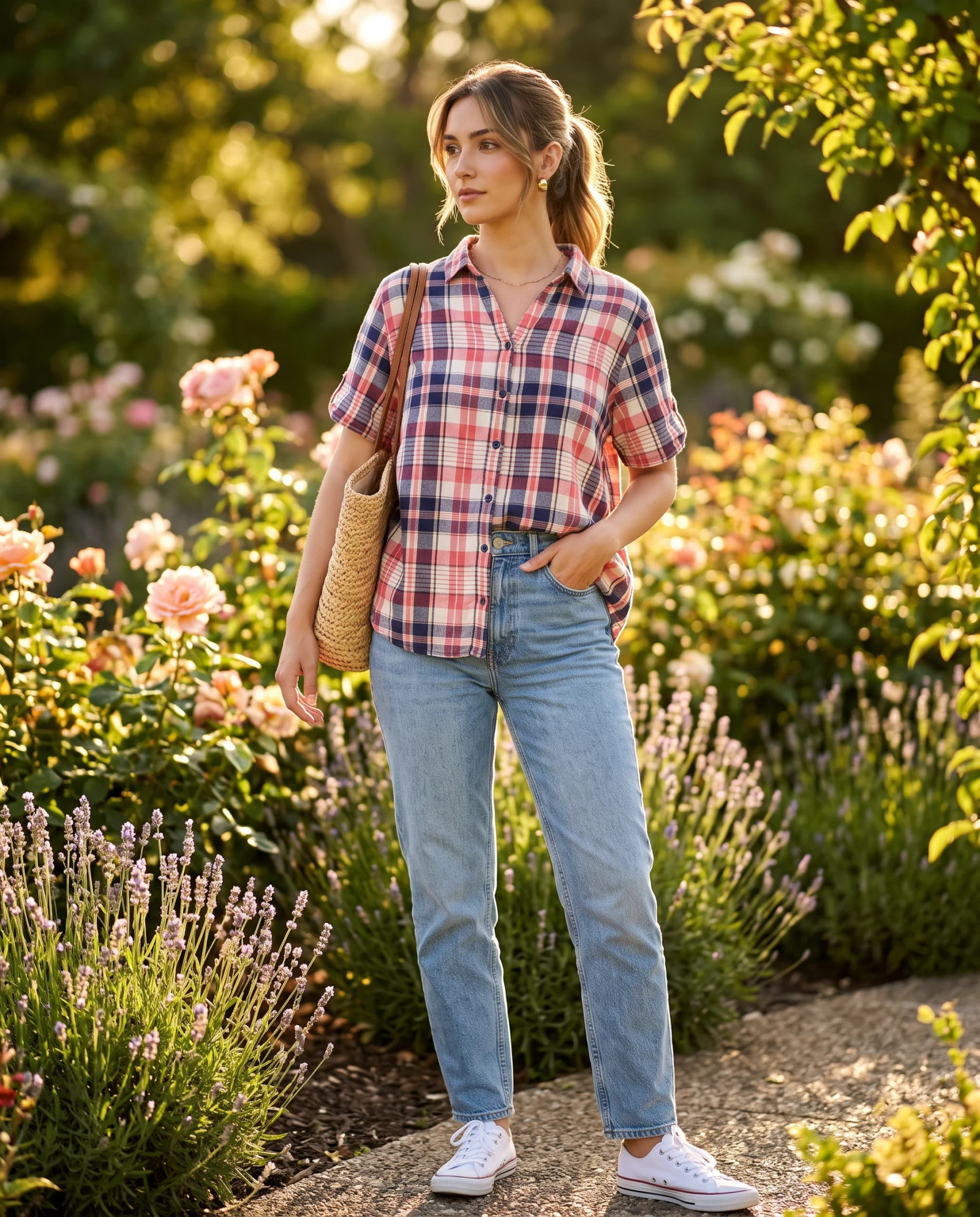 Coral Check Roll-Sleeve Cotton Shirt — Coral Pink Navy Blue Ivory White Y — the linen edit — VAUDRE numbered luxury — view 2