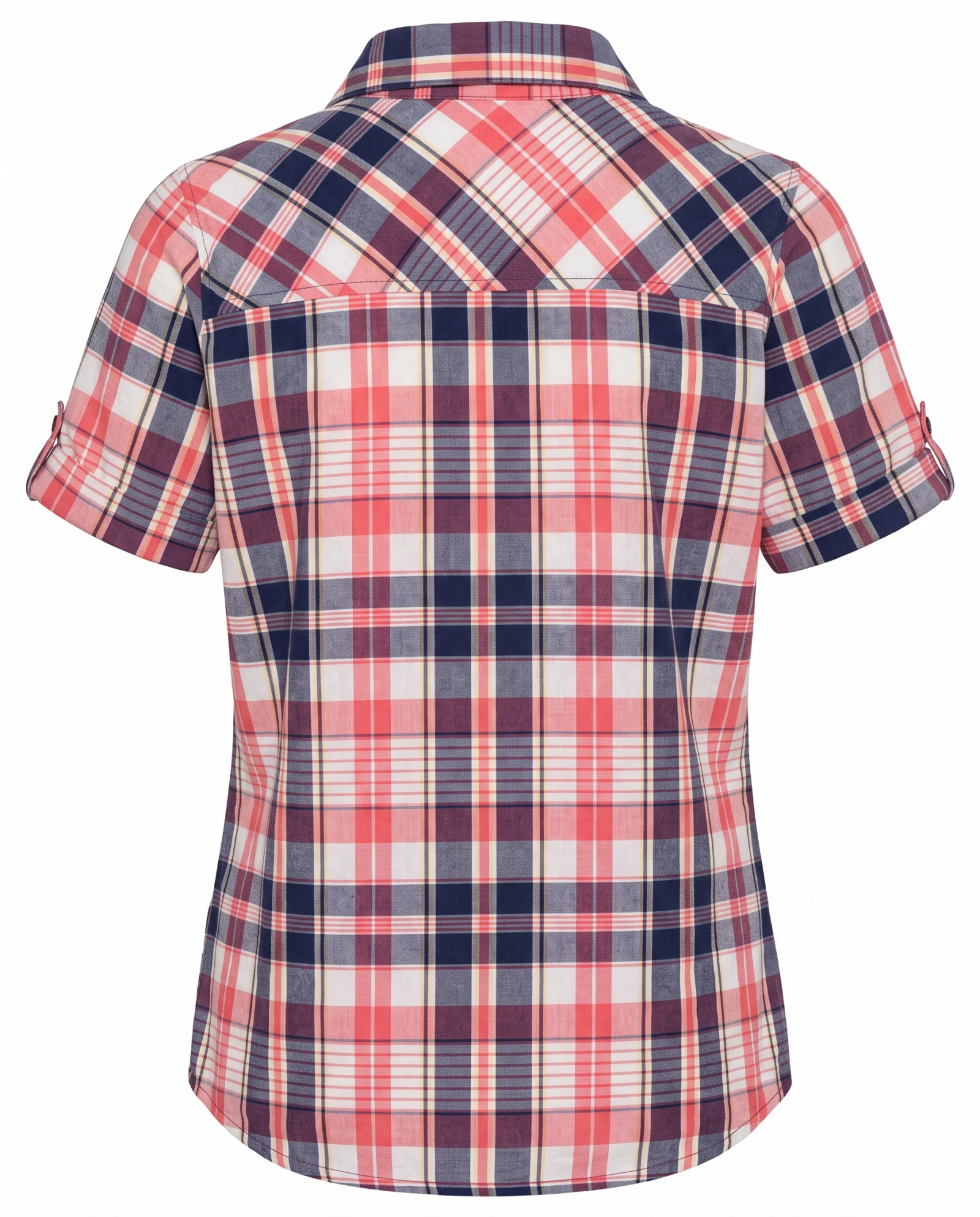 Coral Check Roll-Sleeve Cotton Shirt — Coral Pink Navy Blue Ivory White Y — the linen edit — VAUDRE numbered luxury — view 4
