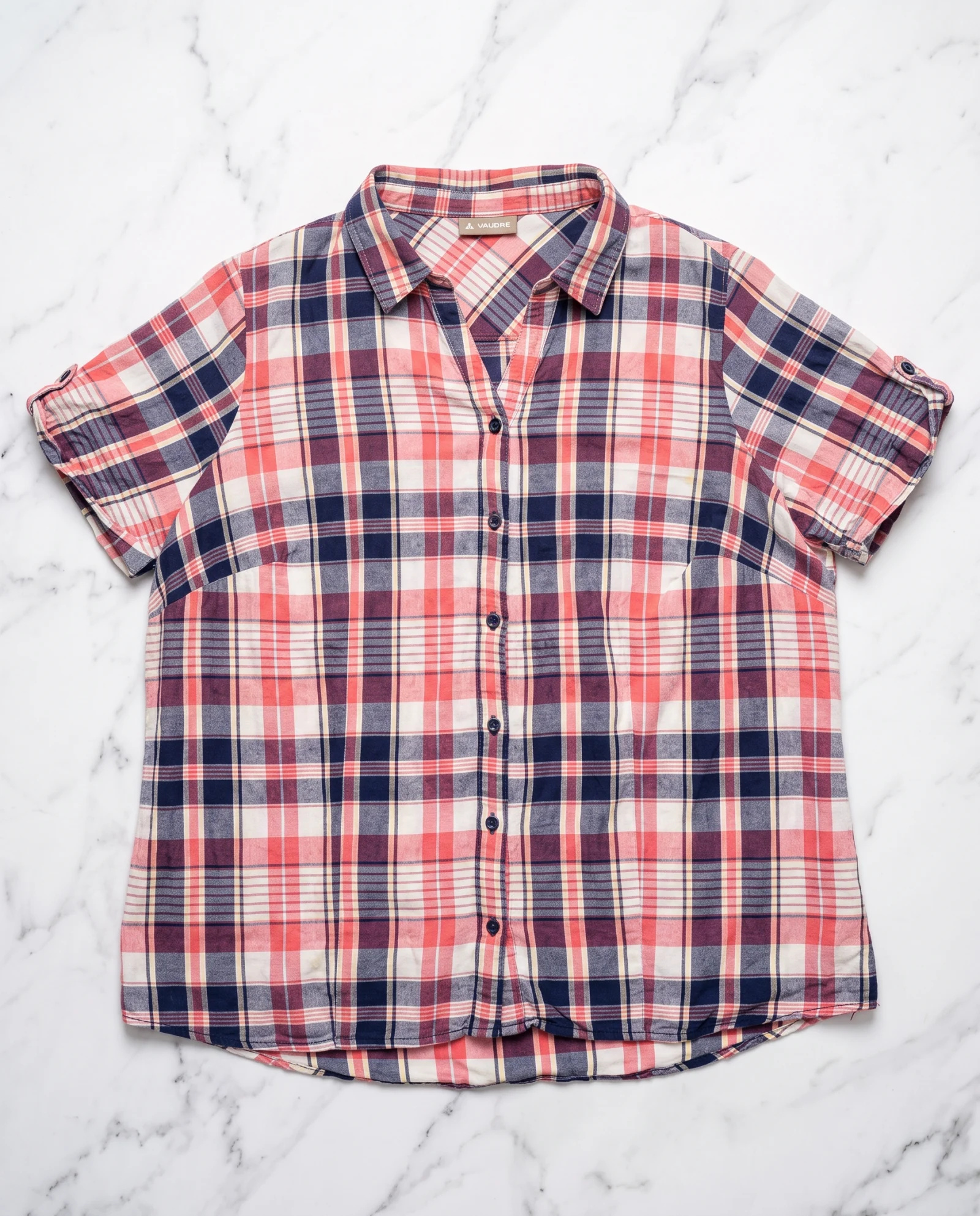 Coral Check Roll-Sleeve Cotton Shirt — Coral Pink Navy Blue Ivory White Y — the linen edit — VAUDRE numbered luxury — view 5