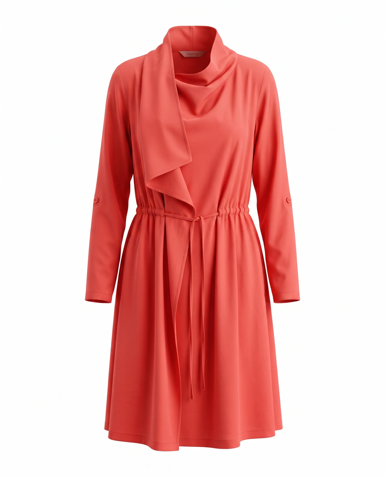 Coral Cowl-Neck Drawstring Waist Dress — Coral Orange Poppy Red — resort wear — VAUDRE numbered luxury
