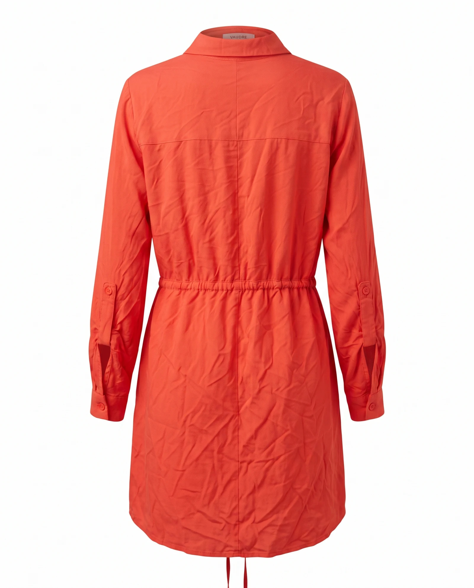Coral Cowl-Neck Drawstring Waist Dress — Coral Orange Poppy Red — resort wear — VAUDRE numbered luxury — view 3