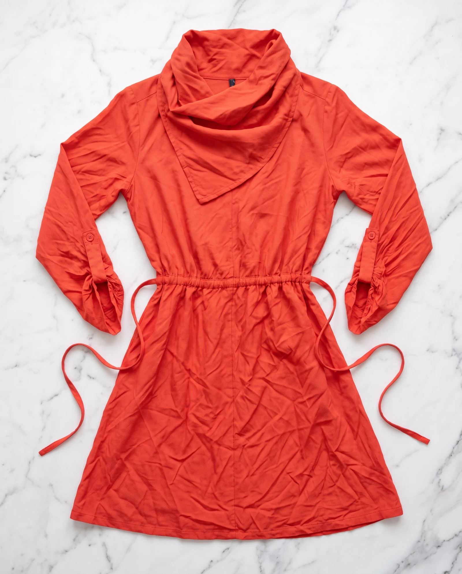 Coral Cowl-Neck Drawstring Waist Dress — Coral Orange Poppy Red — resort wear — VAUDRE numbered luxury — view 4