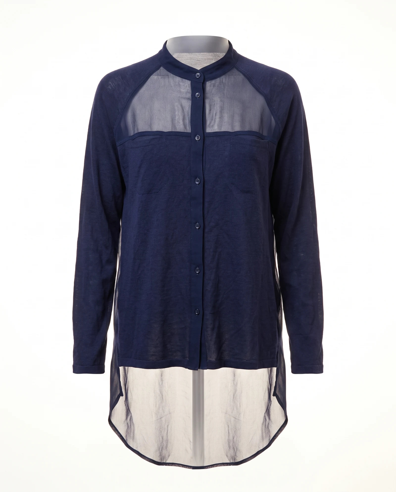 Navy Sheer-Panel High-Low Longline Shirt — Navy Blue Midnight Navy — the blouses — VAUDRE numbered luxury