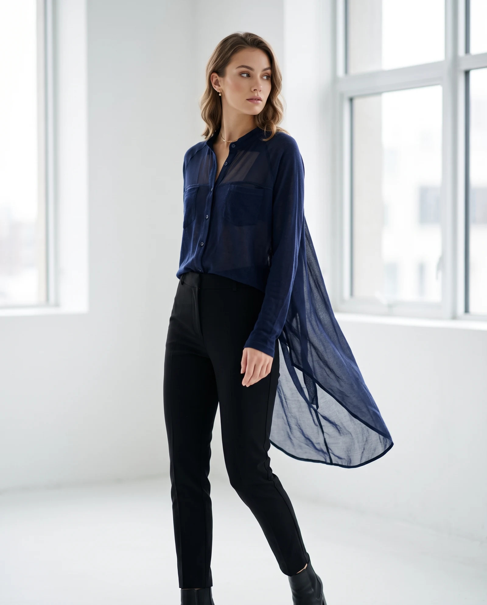 Navy Sheer-Panel High-Low Longline Shirt — Navy Blue Midnight Navy — the blouses — VAUDRE numbered luxury — view 2
