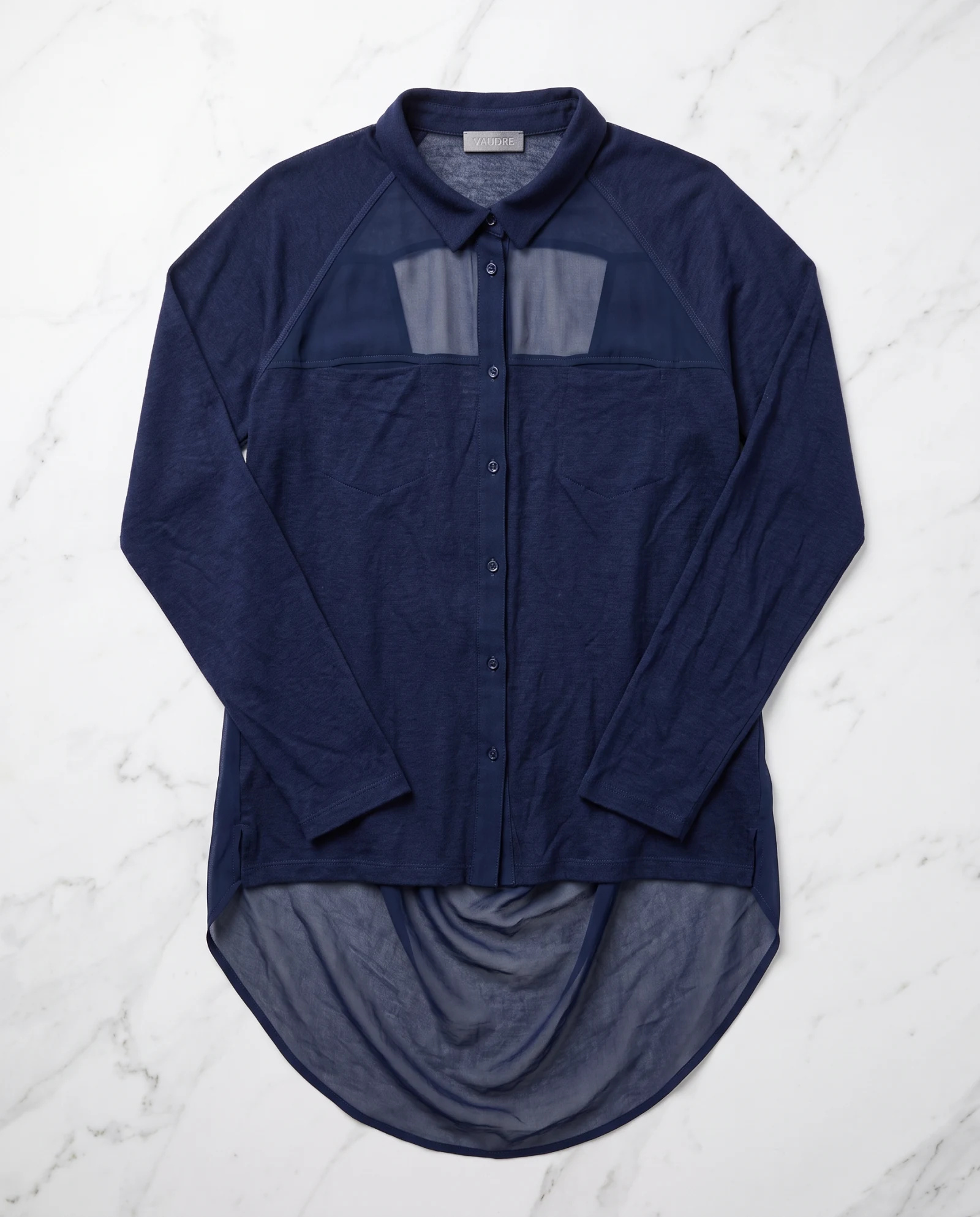 Navy Sheer-Panel High-Low Longline Shirt — Navy Blue Midnight Navy — the blouses — VAUDRE numbered luxury — view 4
