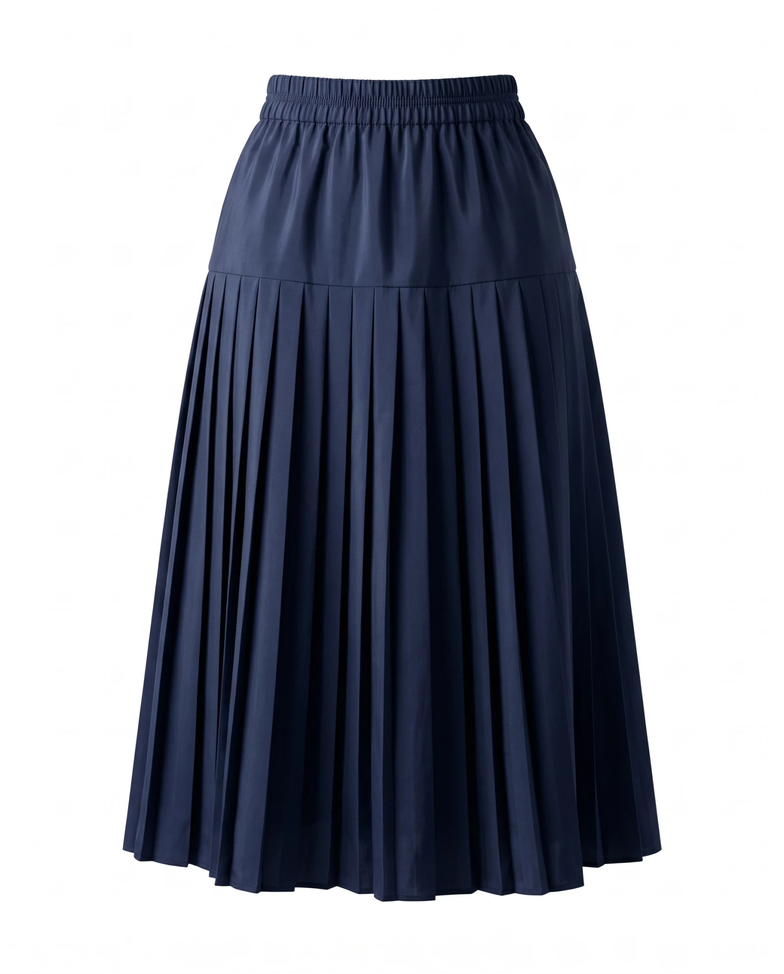 Navy Drop-Yoke Pleated Midi Skirt — Navy Blue Midnight Navy — the skirts — VAUDRE numbered luxury